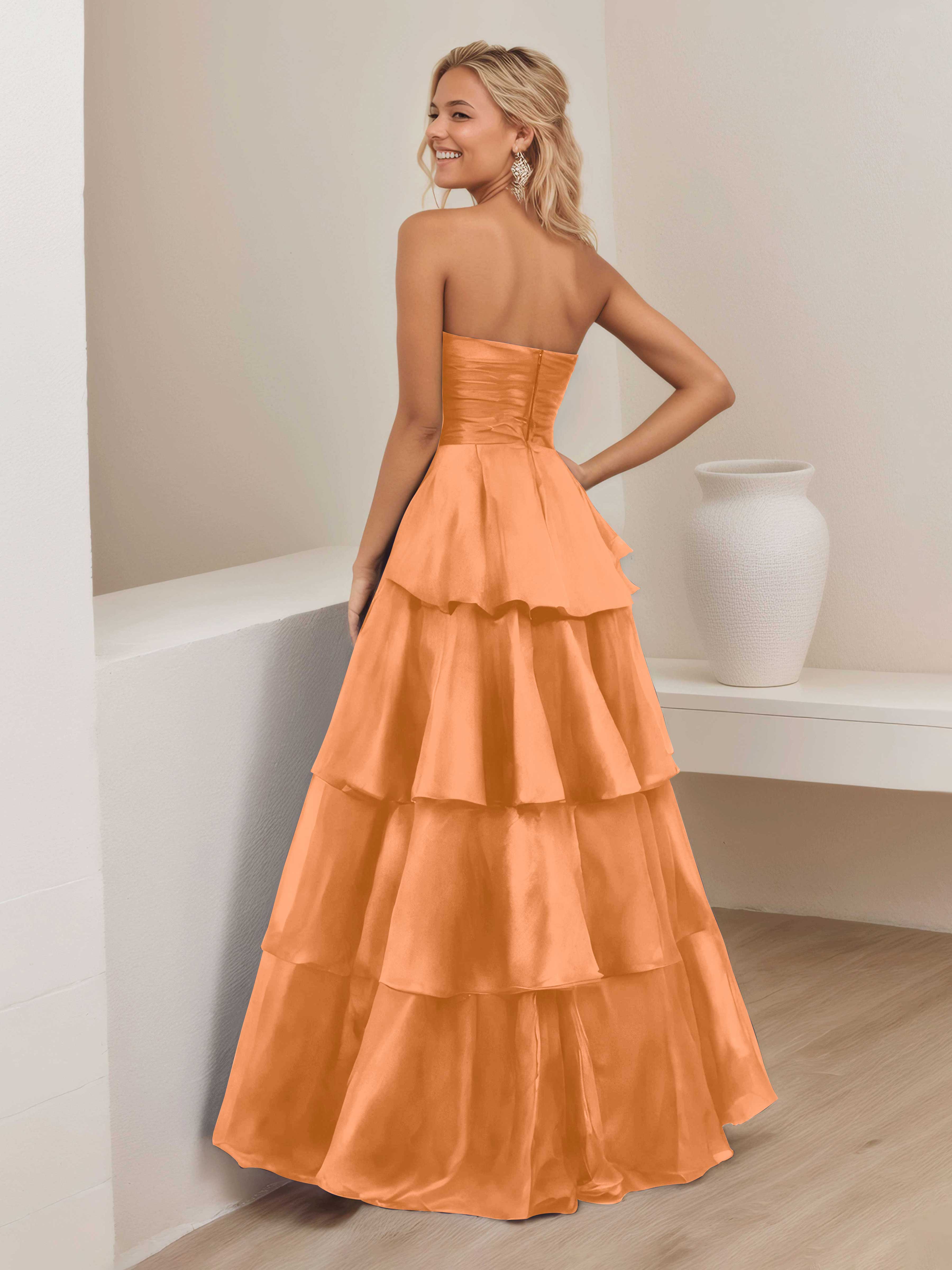 Robe De Soirée En Satin À Ruché Sans Bretelles Multicouche Ellianna
