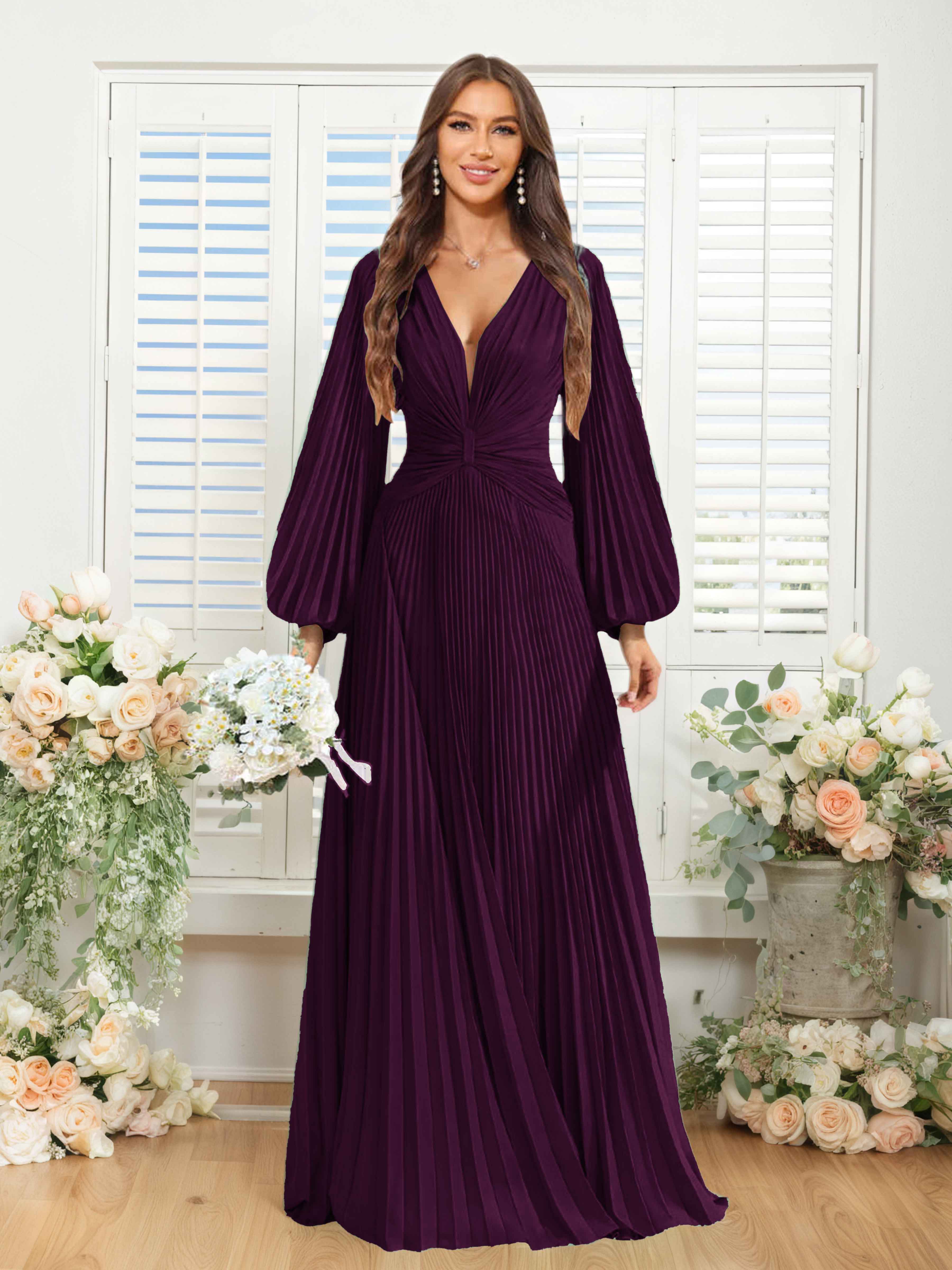 Robes De Demoiselle D'Honneur En Mousseline À Col V Ruché Longue Nerys