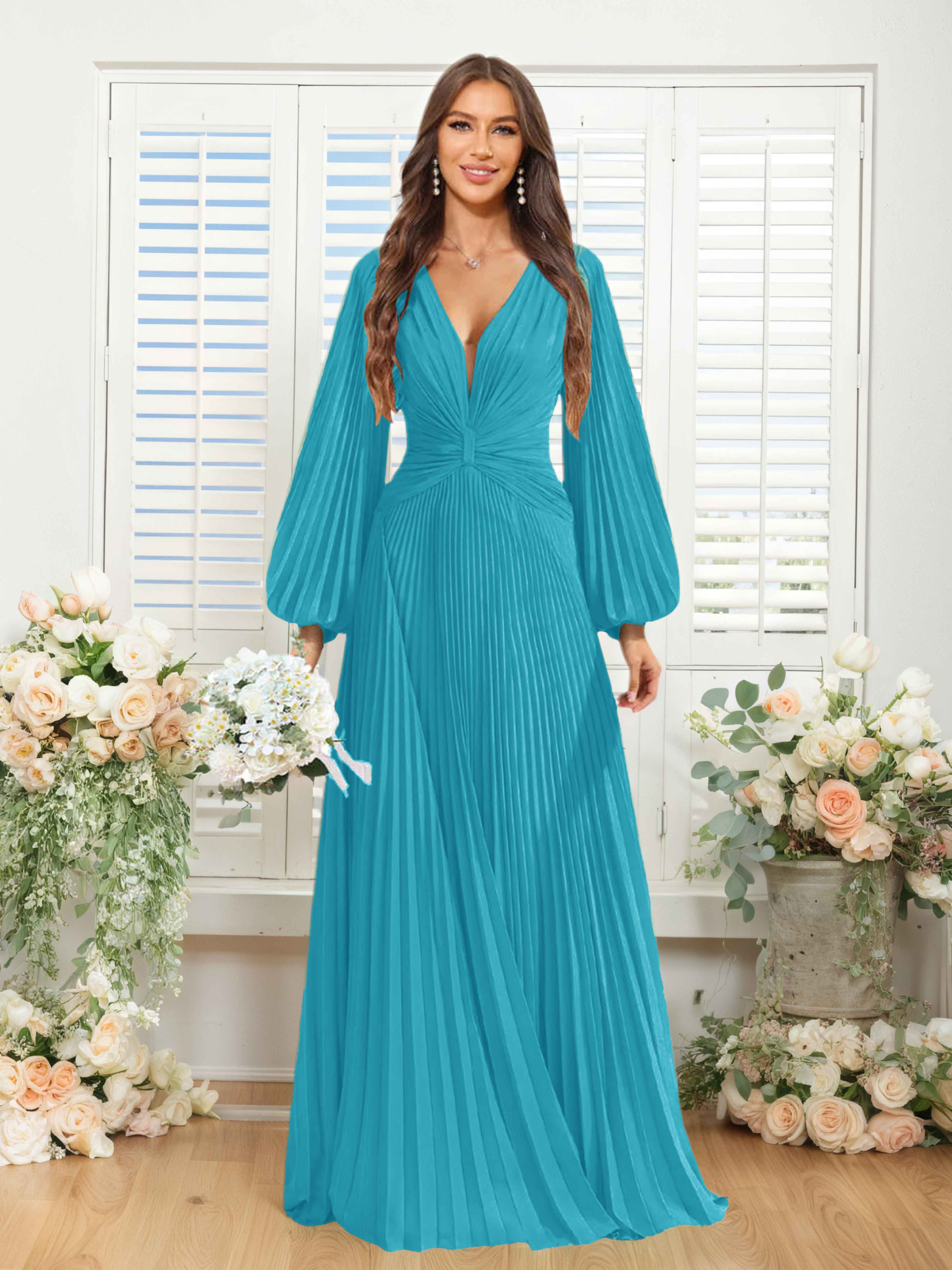 Robes De Demoiselle D'Honneur En Mousseline À Col V Ruché Longue Nerys