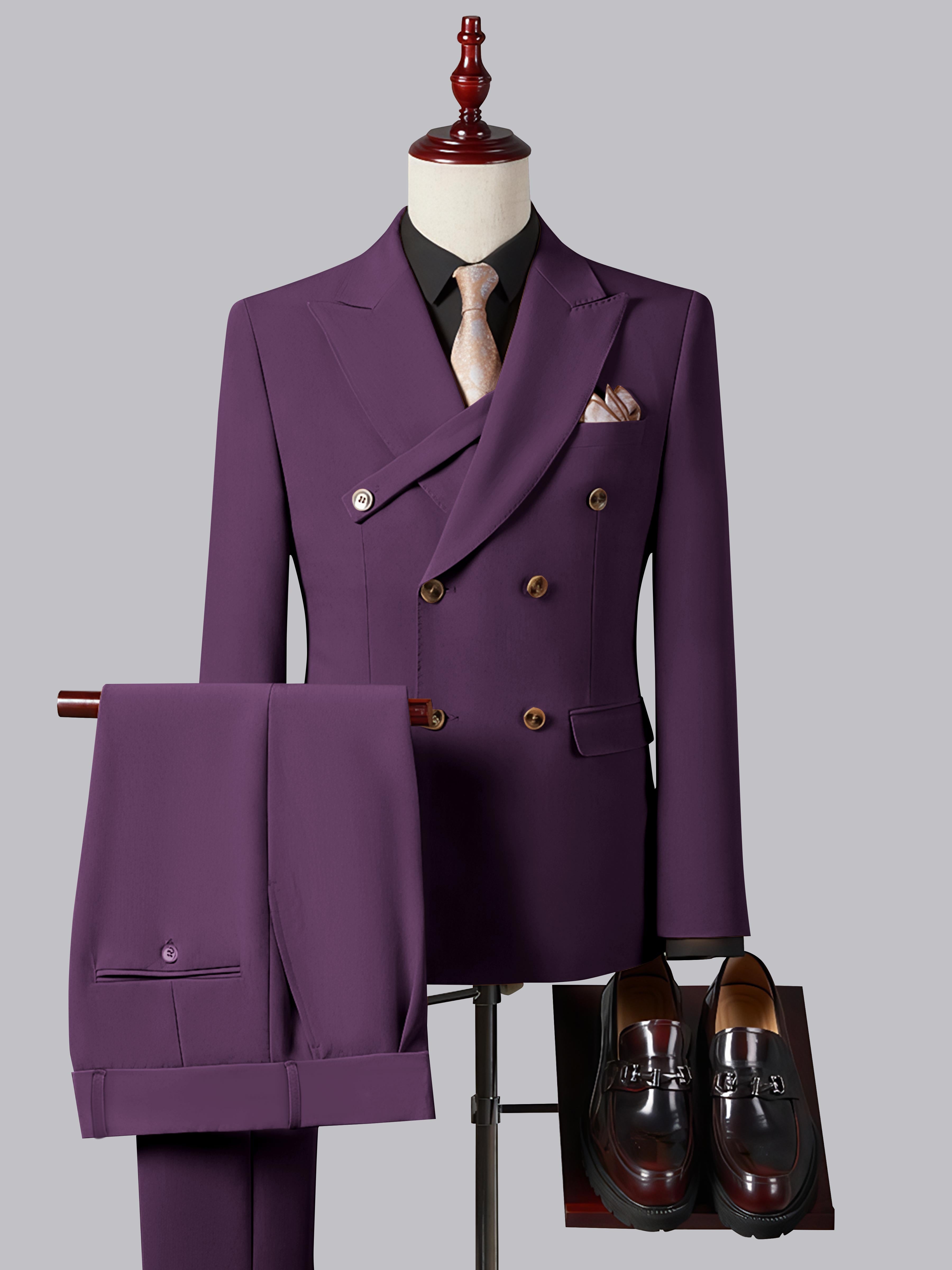 Costume Homme Ajusté Élégant Double Boutonnage Ceinturé À Revers Pointus 2 Pièces