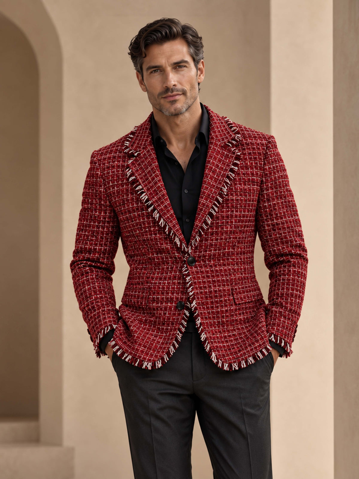Costume Homme 2 Pièces En Tweed à Carreaux Avec Veste à Franges Et Pantalon