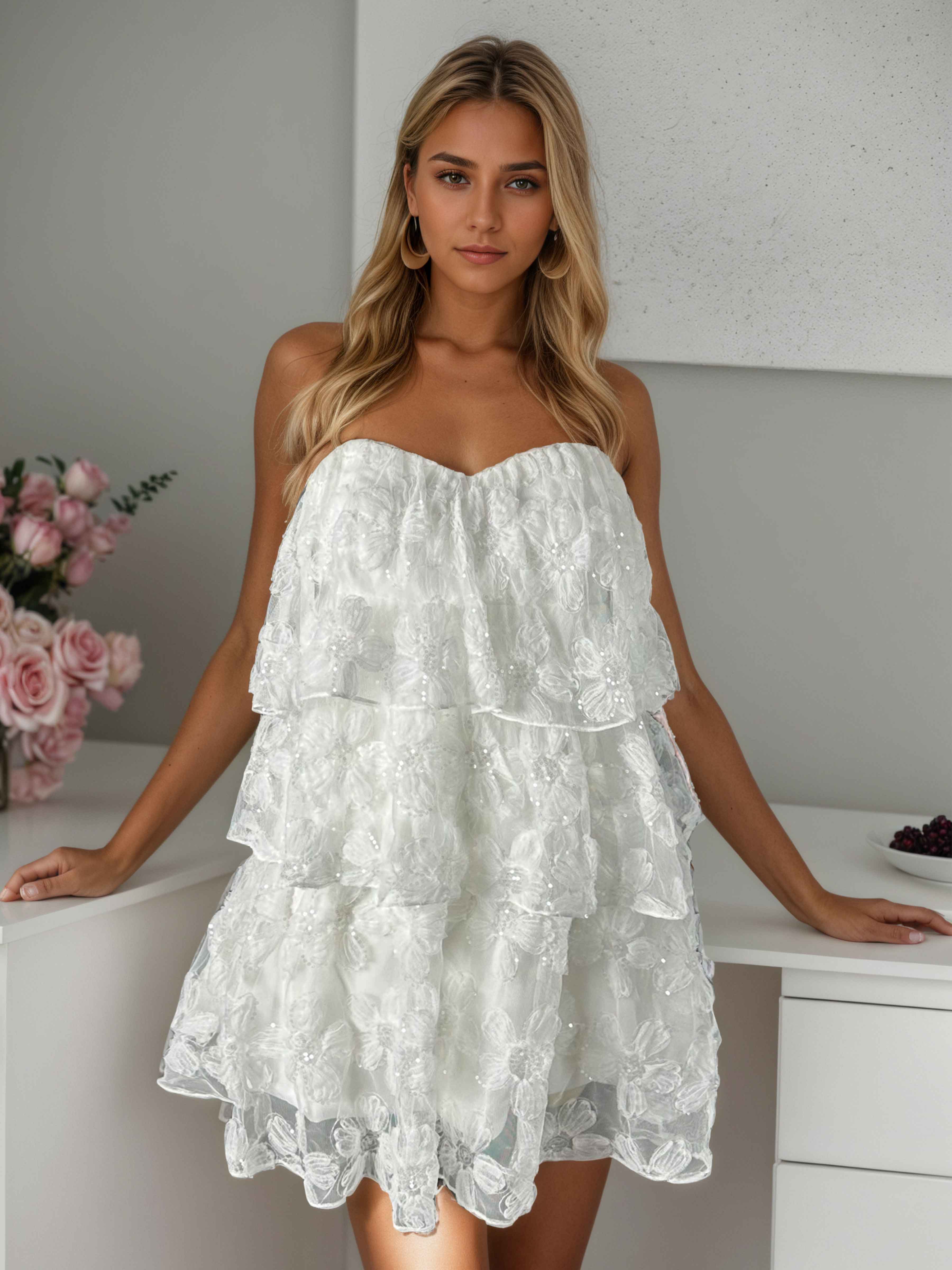 Robe Courte À Pailleté Appliqués Volants Sans Bretelles Ezra