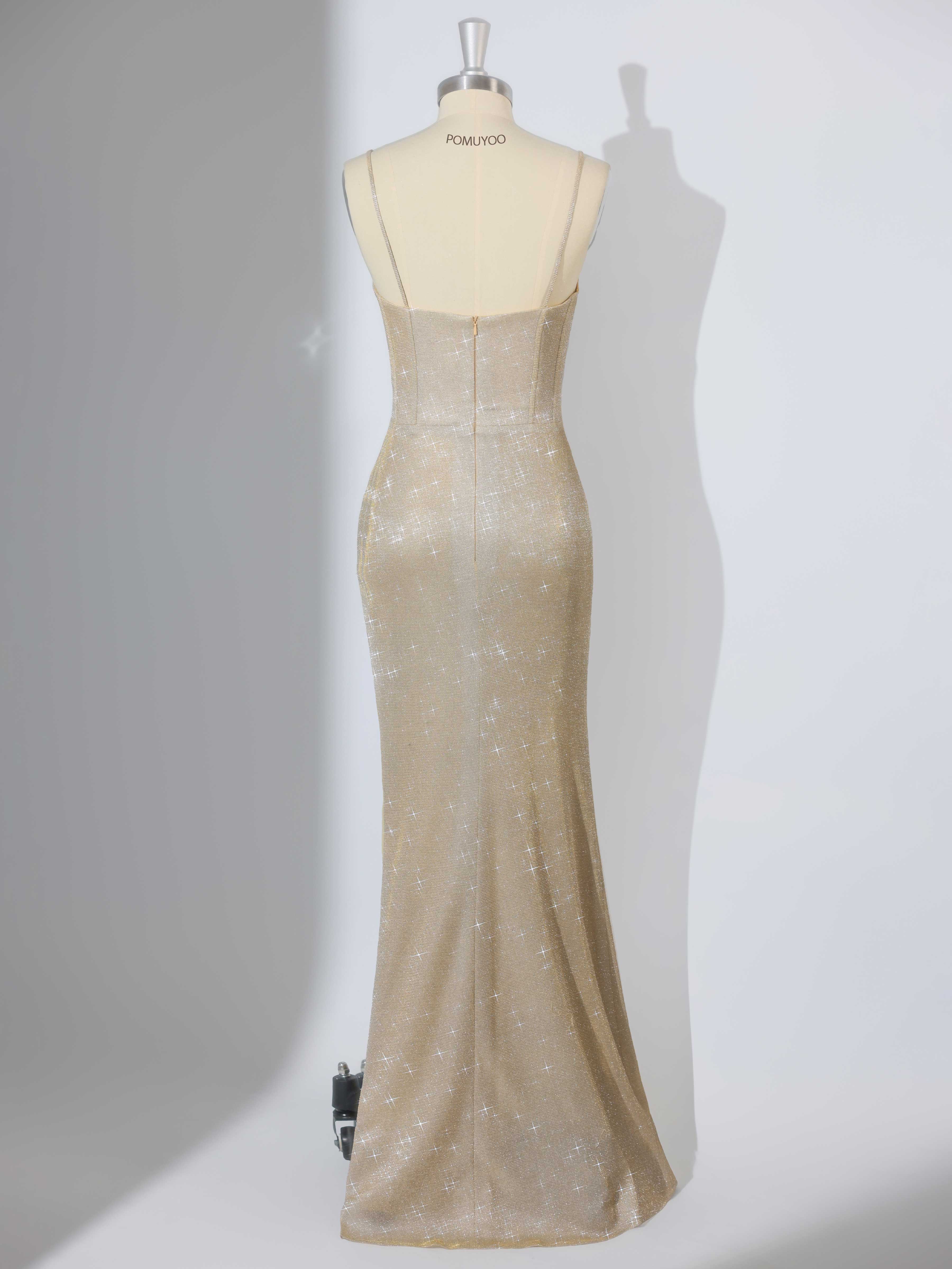 Robes De Bal À Éblouissante Sirène Bretelles Spaghetti Plissé Longue Paillettes