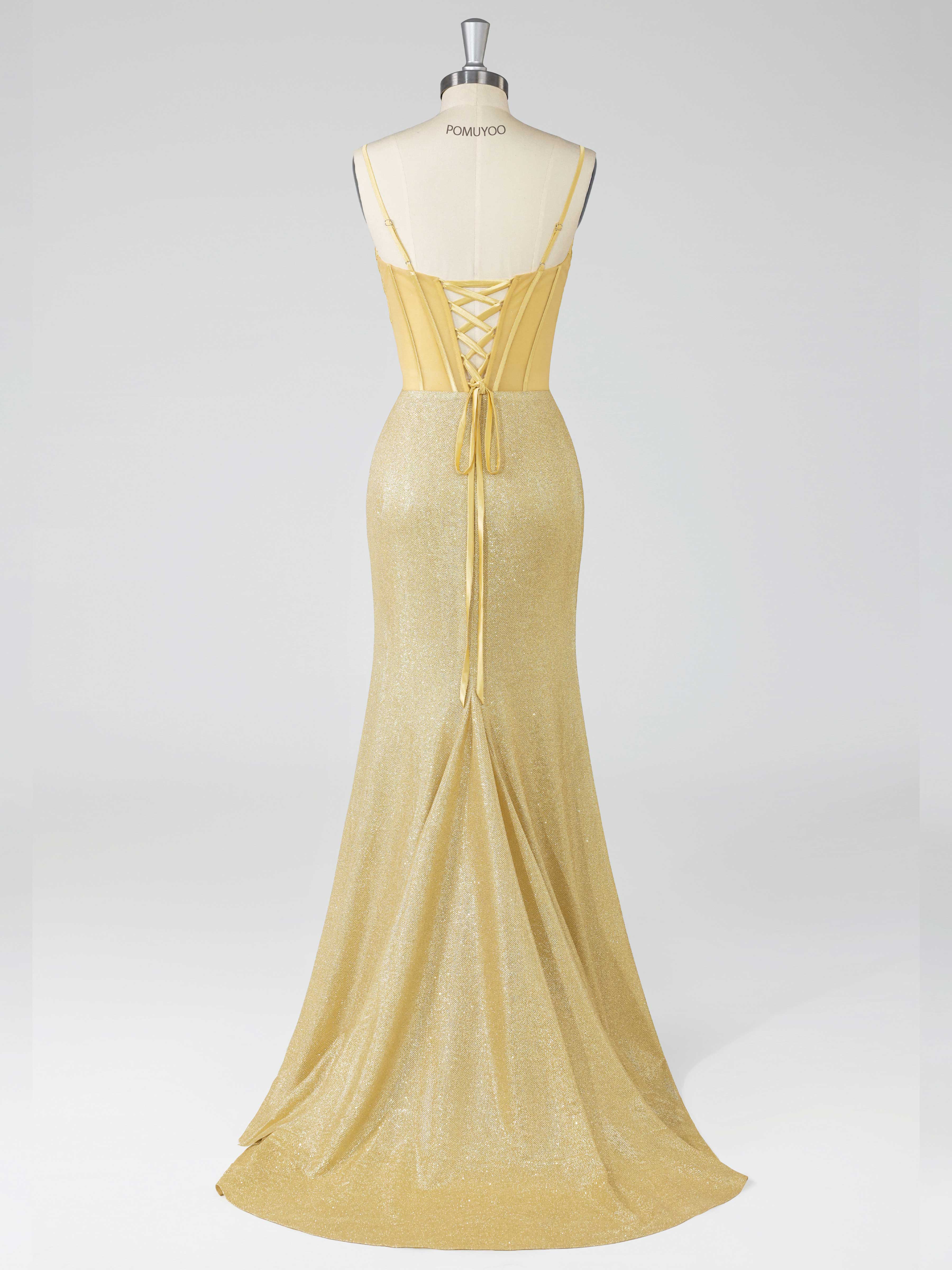 Robes De Bal À Fente À Élégante Sirène Bretelles Spaghetti Corset Jambe Longue