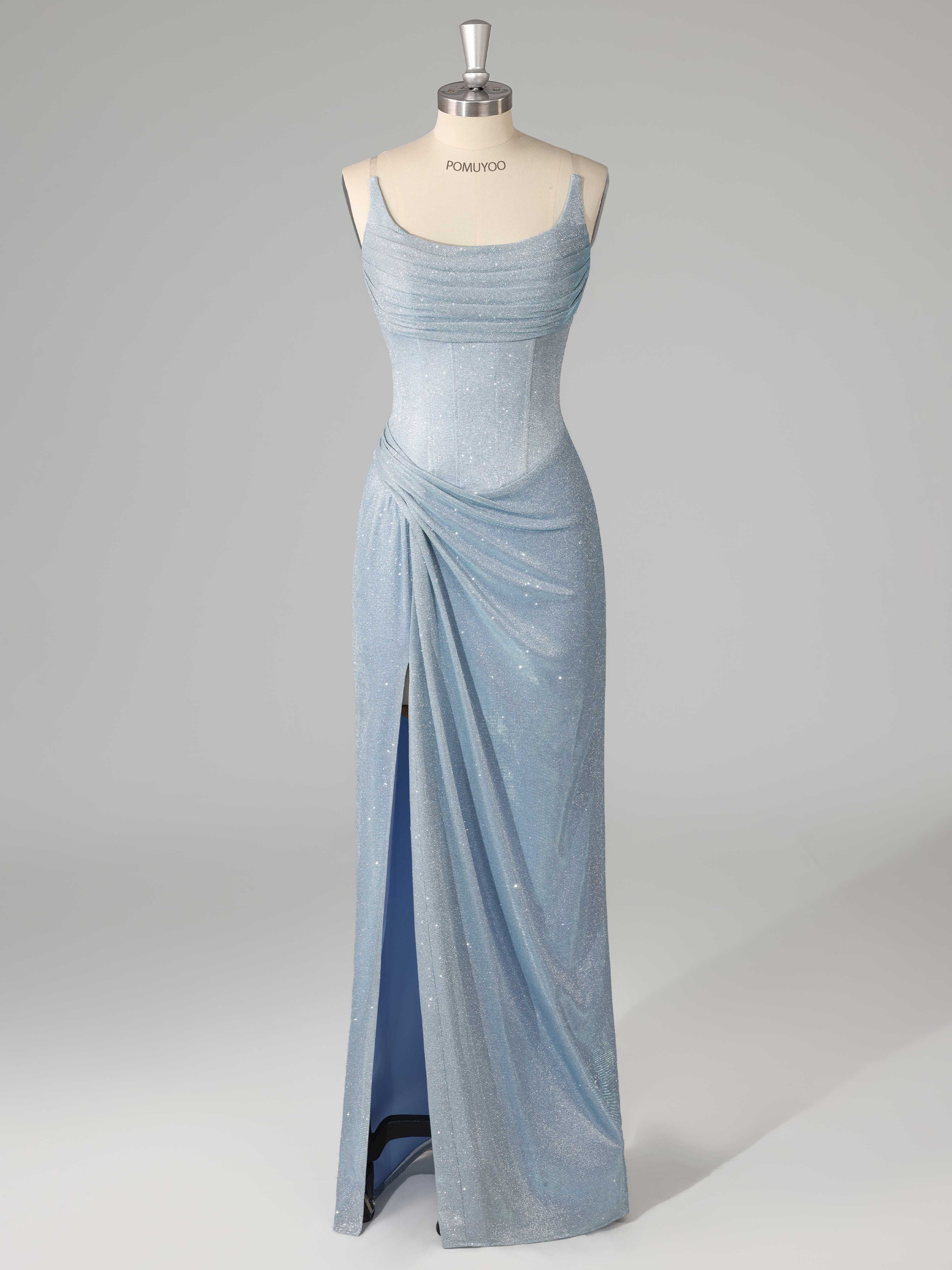 Robes De Bal À Pailletée Gaine Bretelles Spaghetti Corset Plissé Fente À Jambe