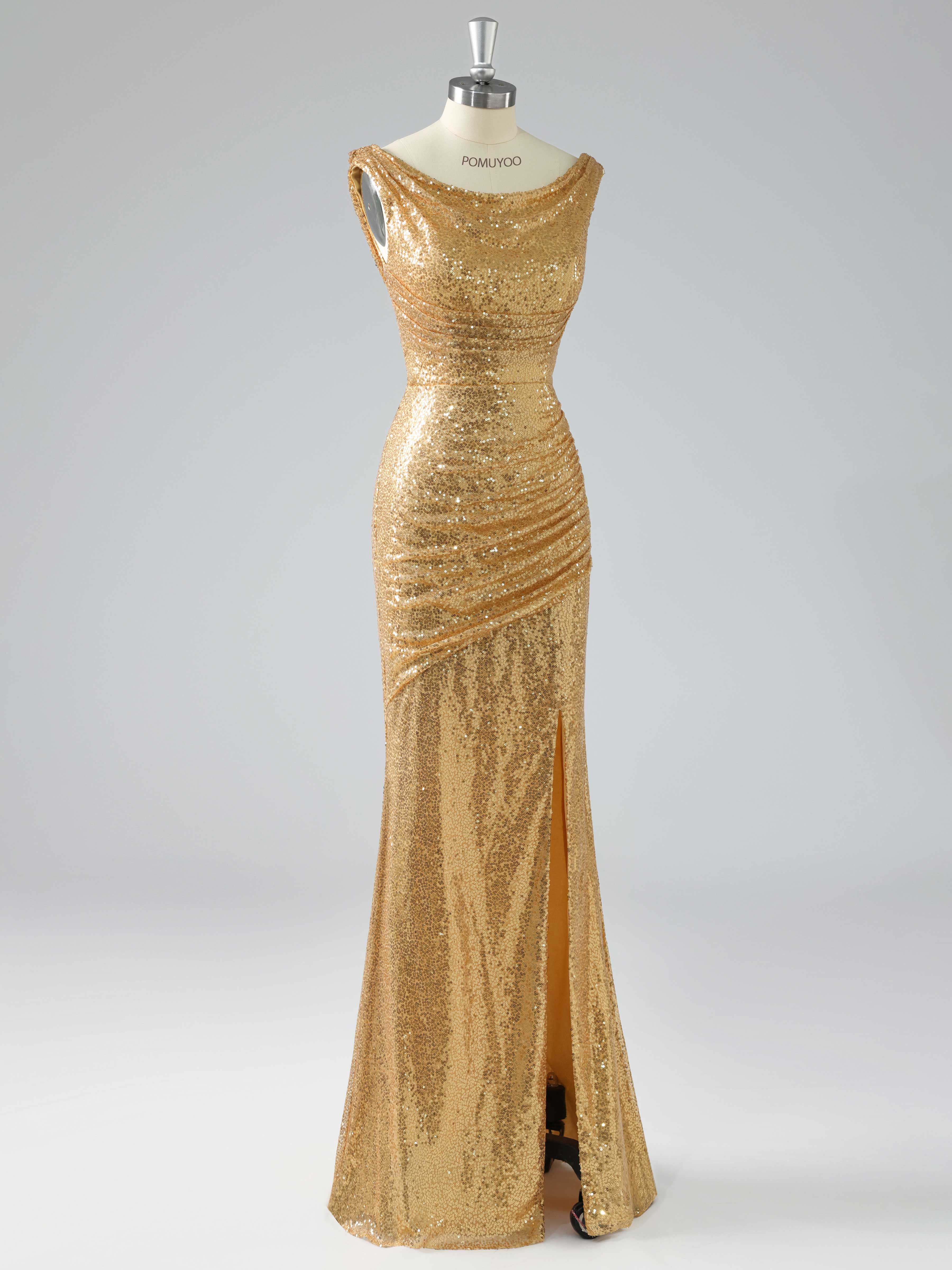 Robes De Bal À Sexy Sirène Ruché Fente À Jambe Longueur Au Sol Paillettes