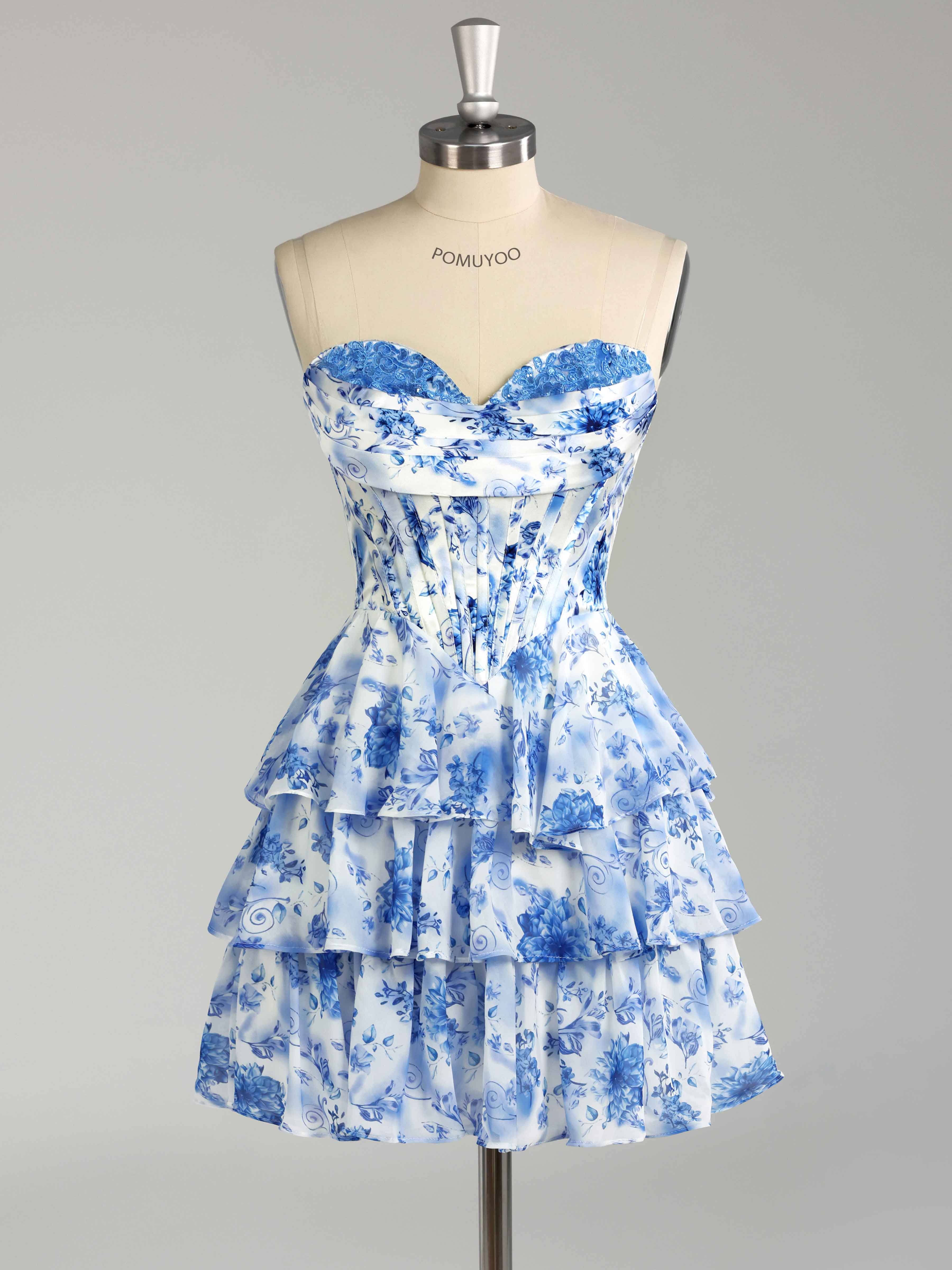 Robes De Bal Courte En Mousseline Imprimé Fleuri À Volants Corset
