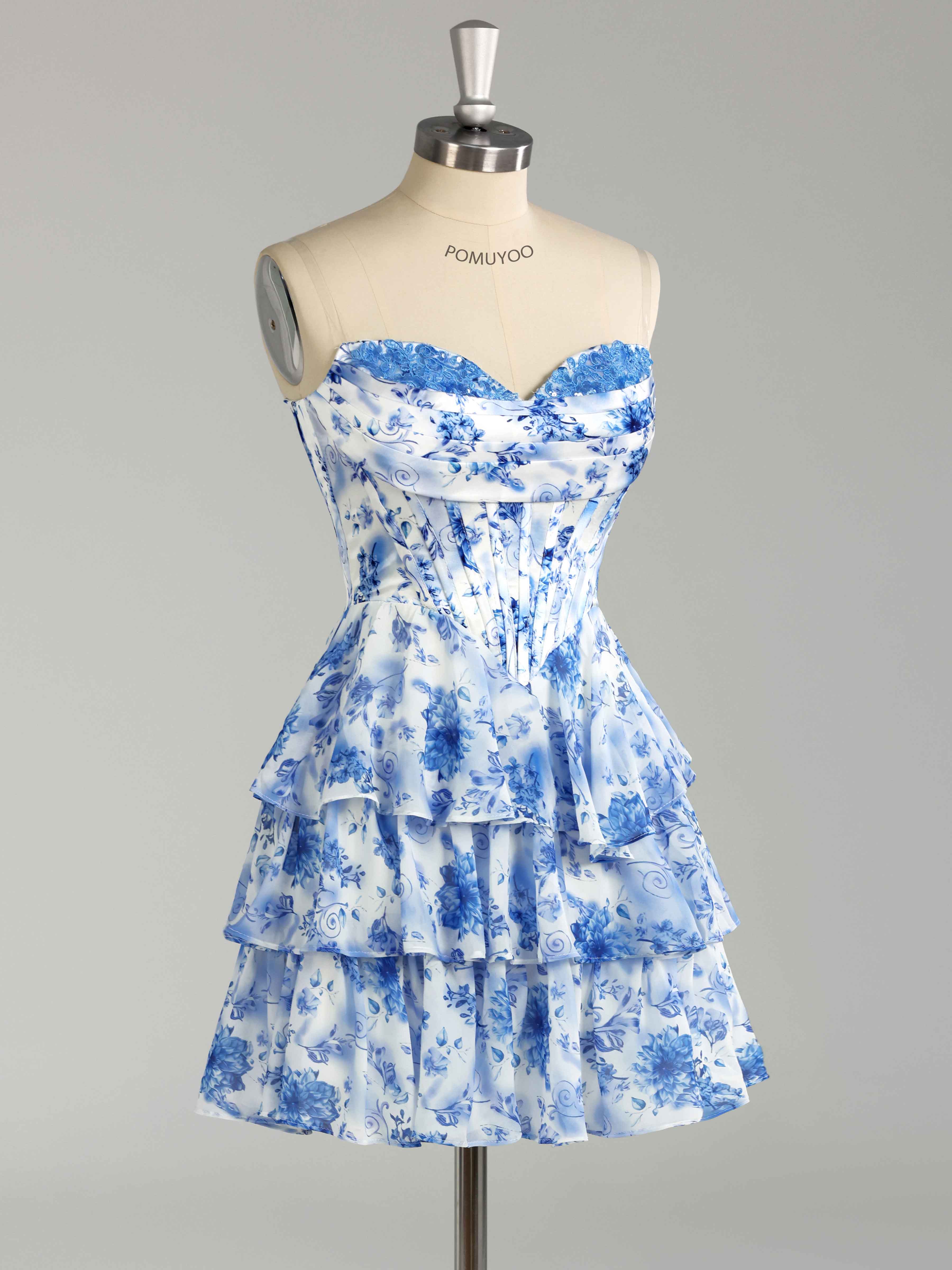 Robes De Bal Courte En Mousseline Imprimé Fleuri À Volants Corset