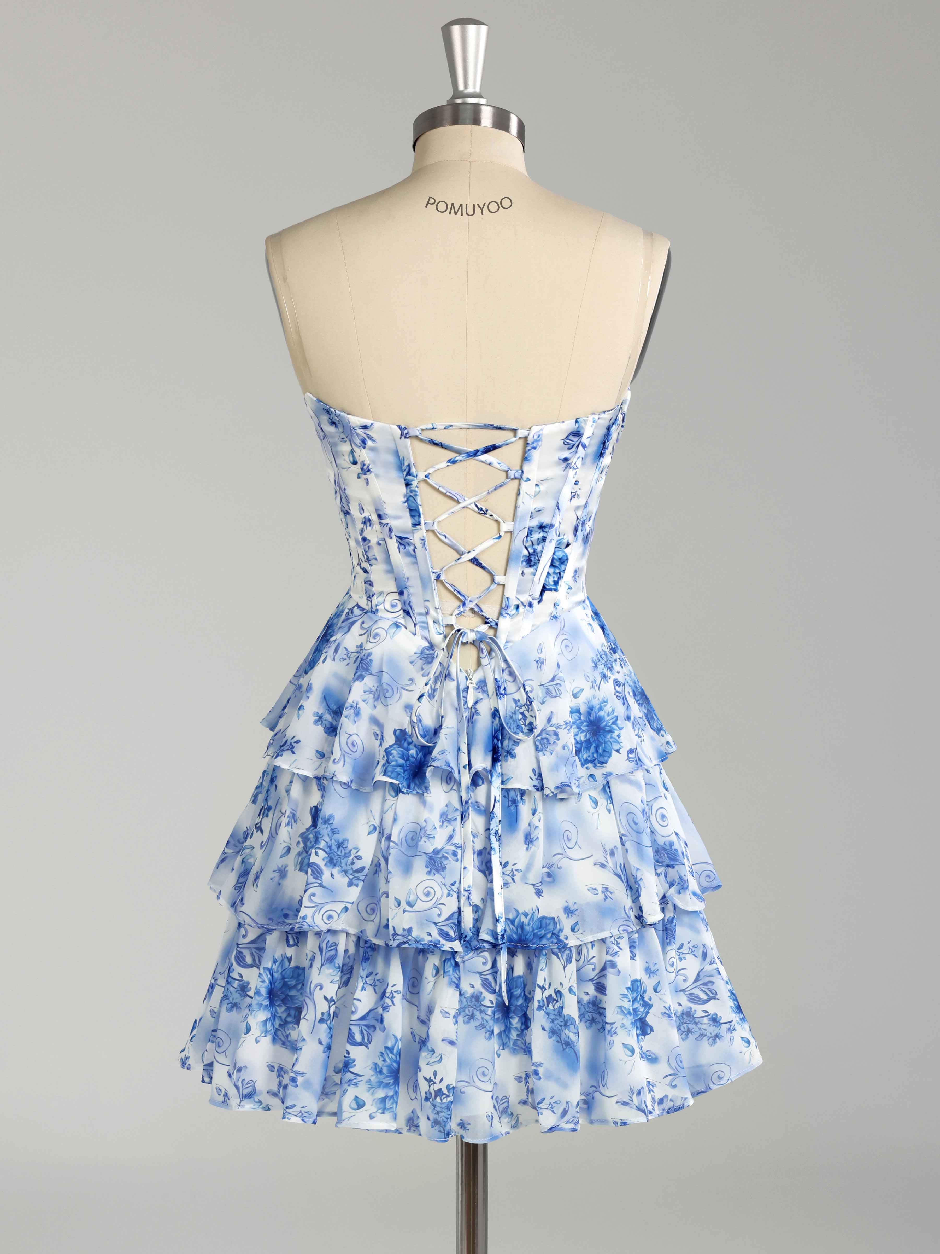 Robes De Bal Courte En Mousseline Imprimé Fleuri À Volants Corset