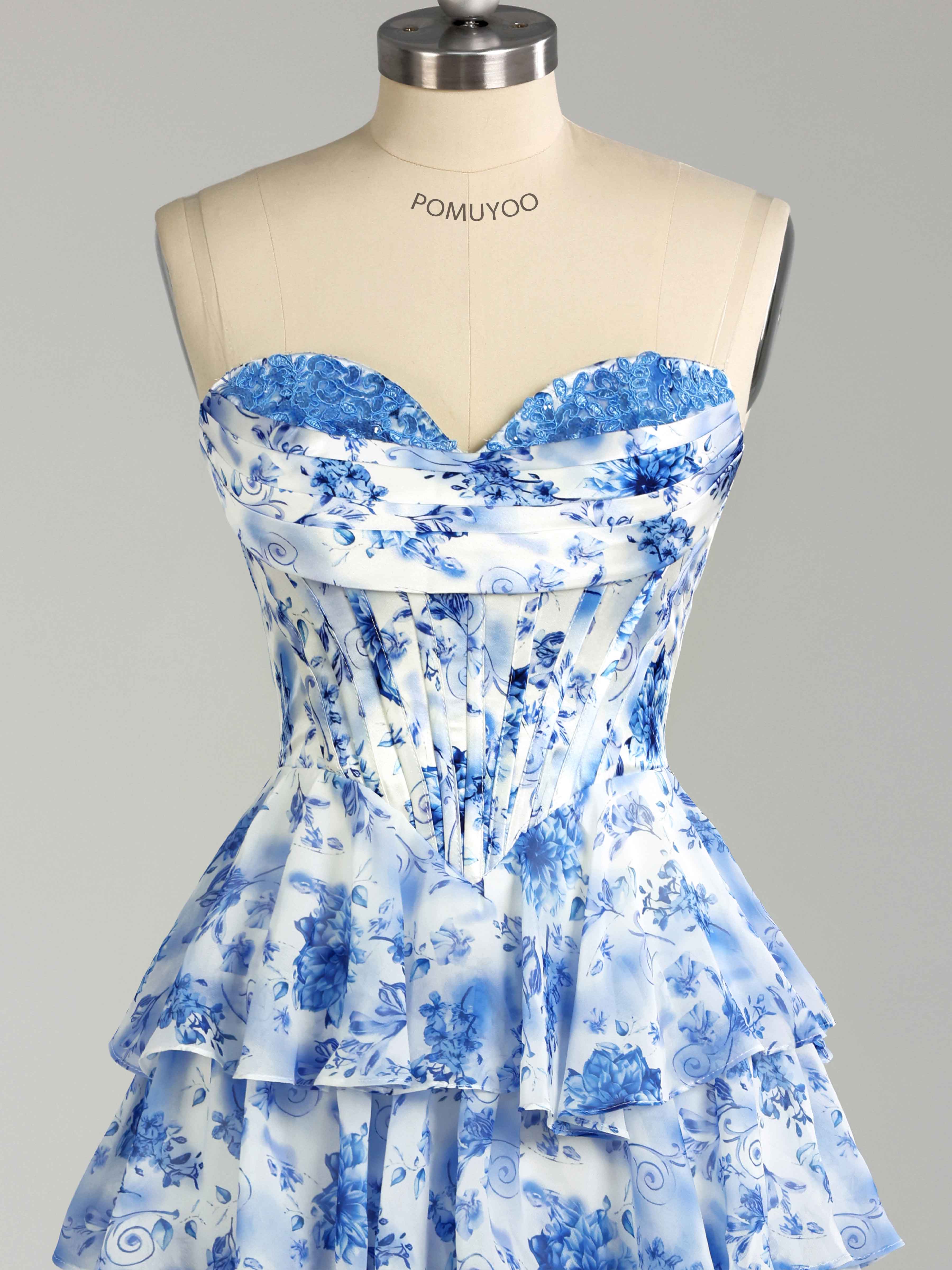 Robes De Bal Courte En Mousseline Imprimé Fleuri À Volants Corset