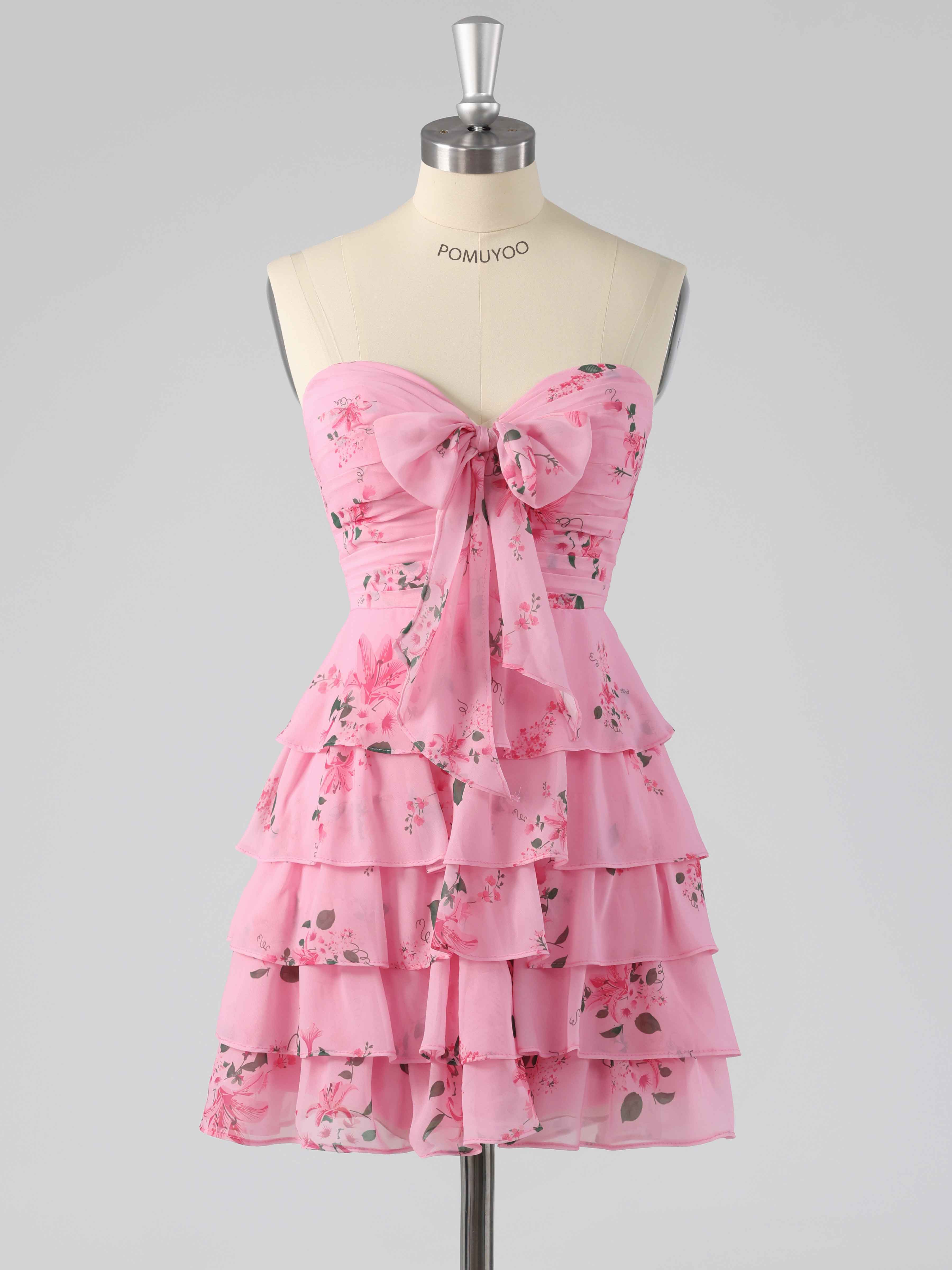 Robes De Bal Courte En Mousseline Imprimé Fleuri À Volants Noeud Papillon