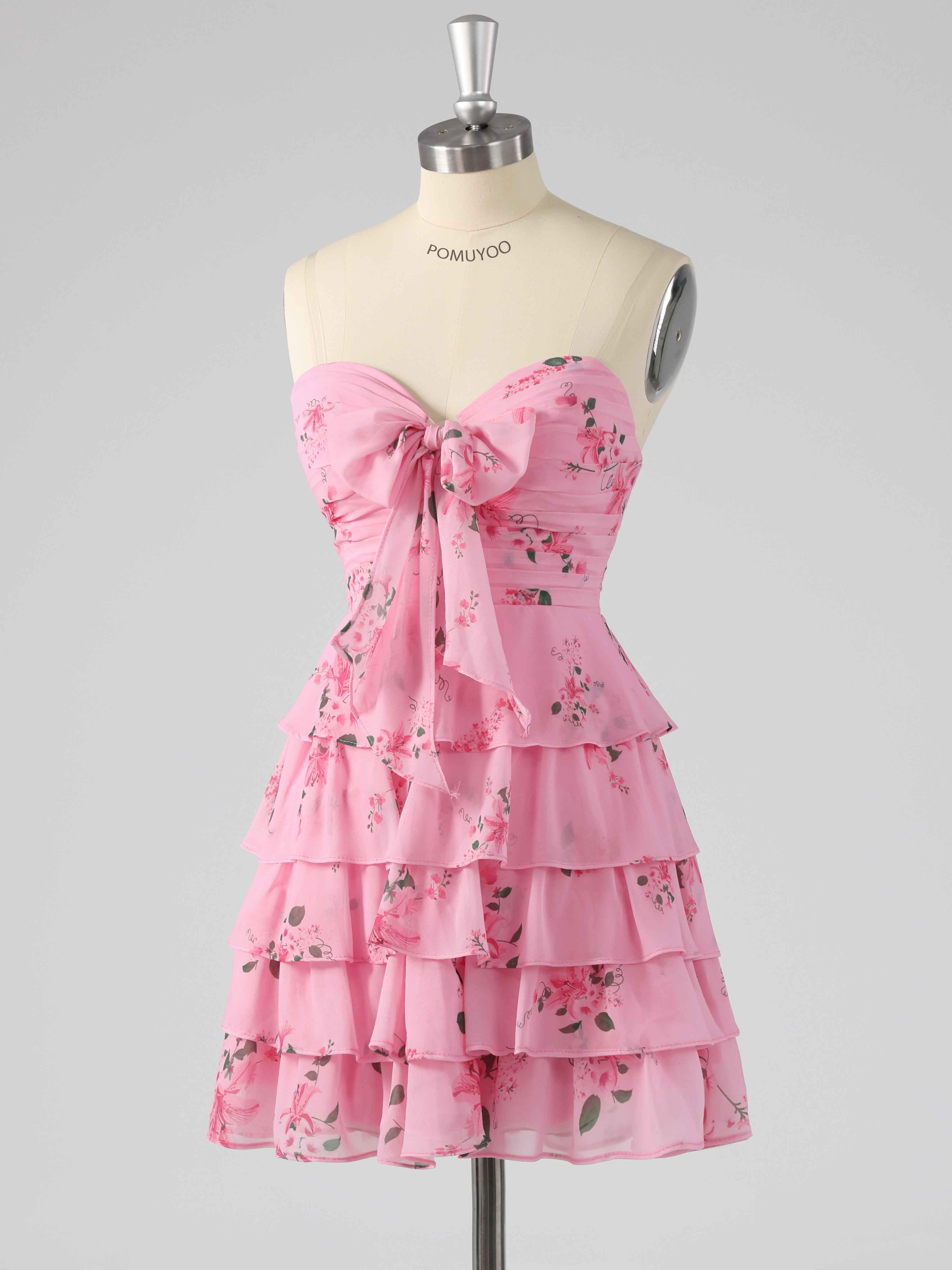 Robes De Bal Courte En Mousseline Imprimé Fleuri À Volants Noeud Papillon