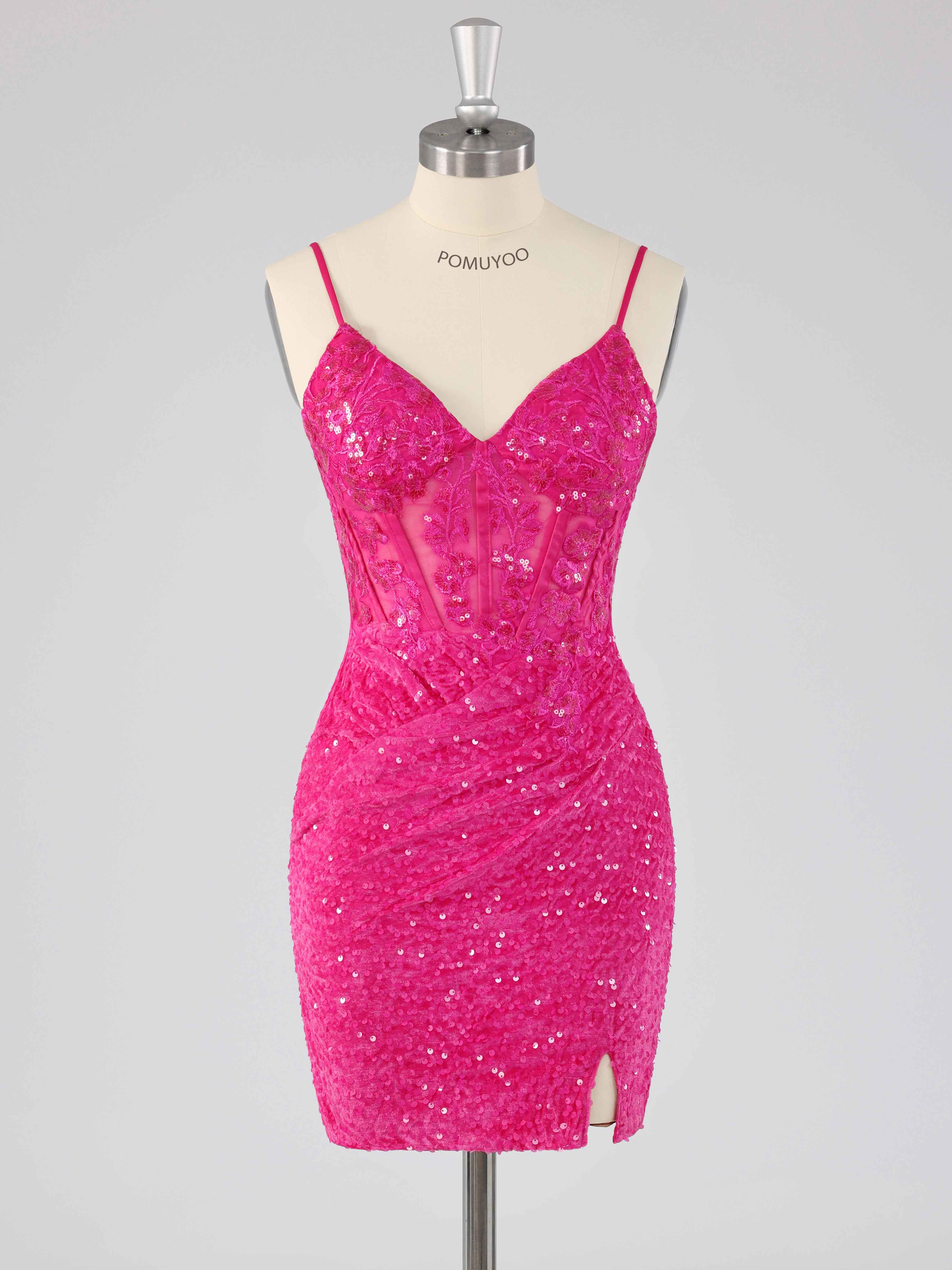 Robes De Bal Courte En Velours Pailleté À  Col V Plissé Pailleté