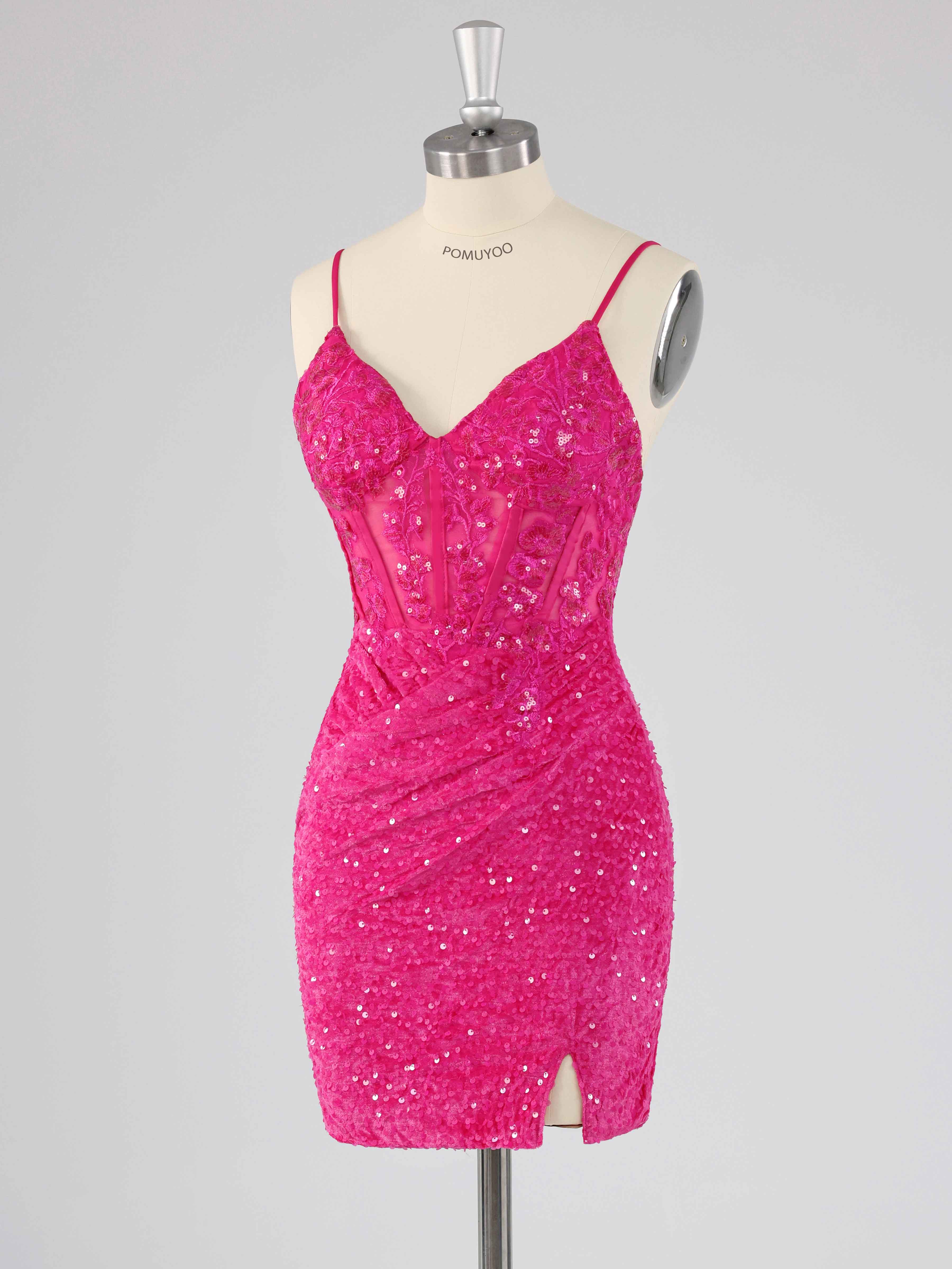 Robes De Bal Courte En Velours Pailleté À  Col V Plissé Pailleté