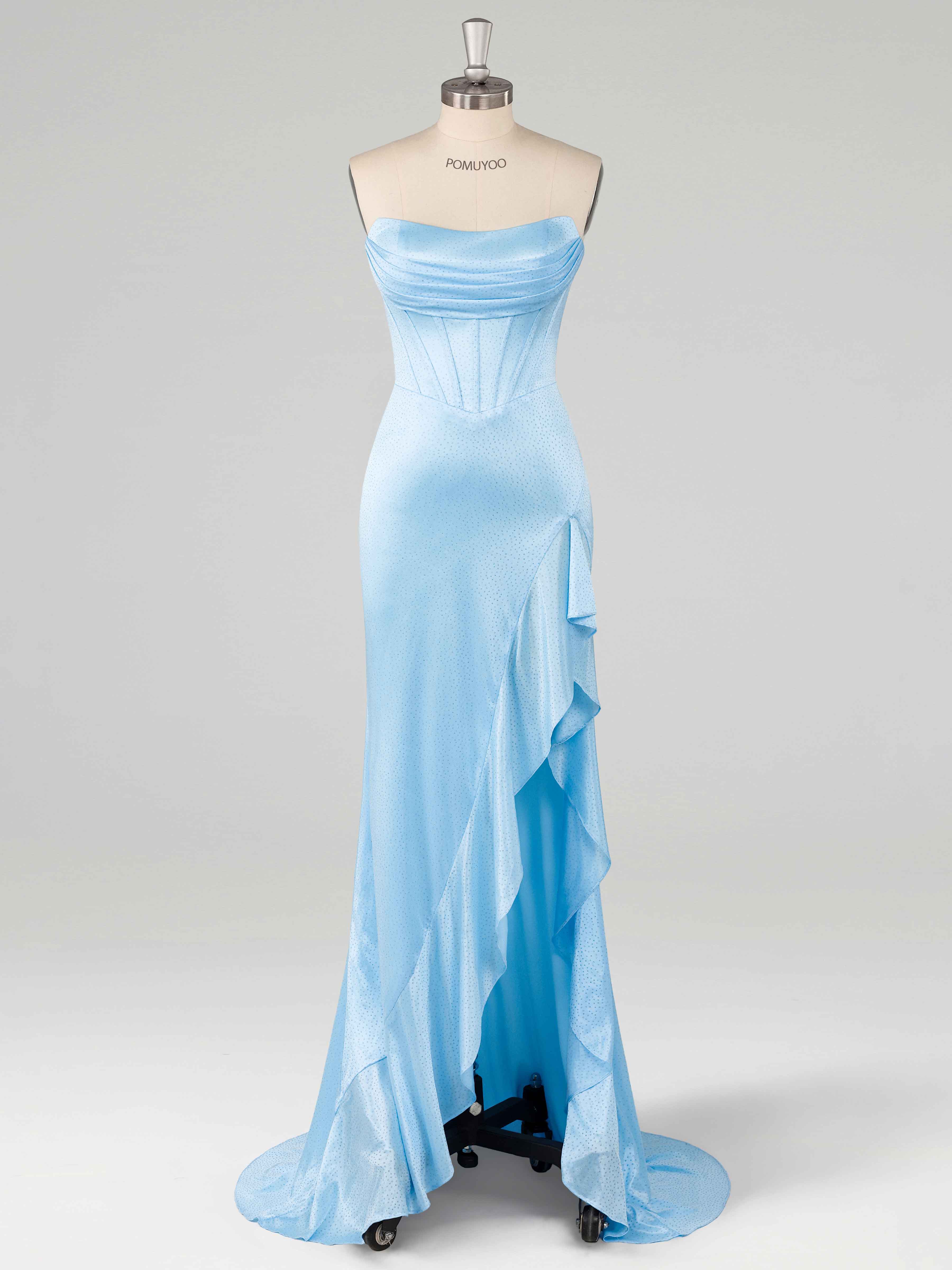 Robes De Bal En Satin À Bleu Paillettes Sirène Volants Fente À Jambe Traîne Balayage