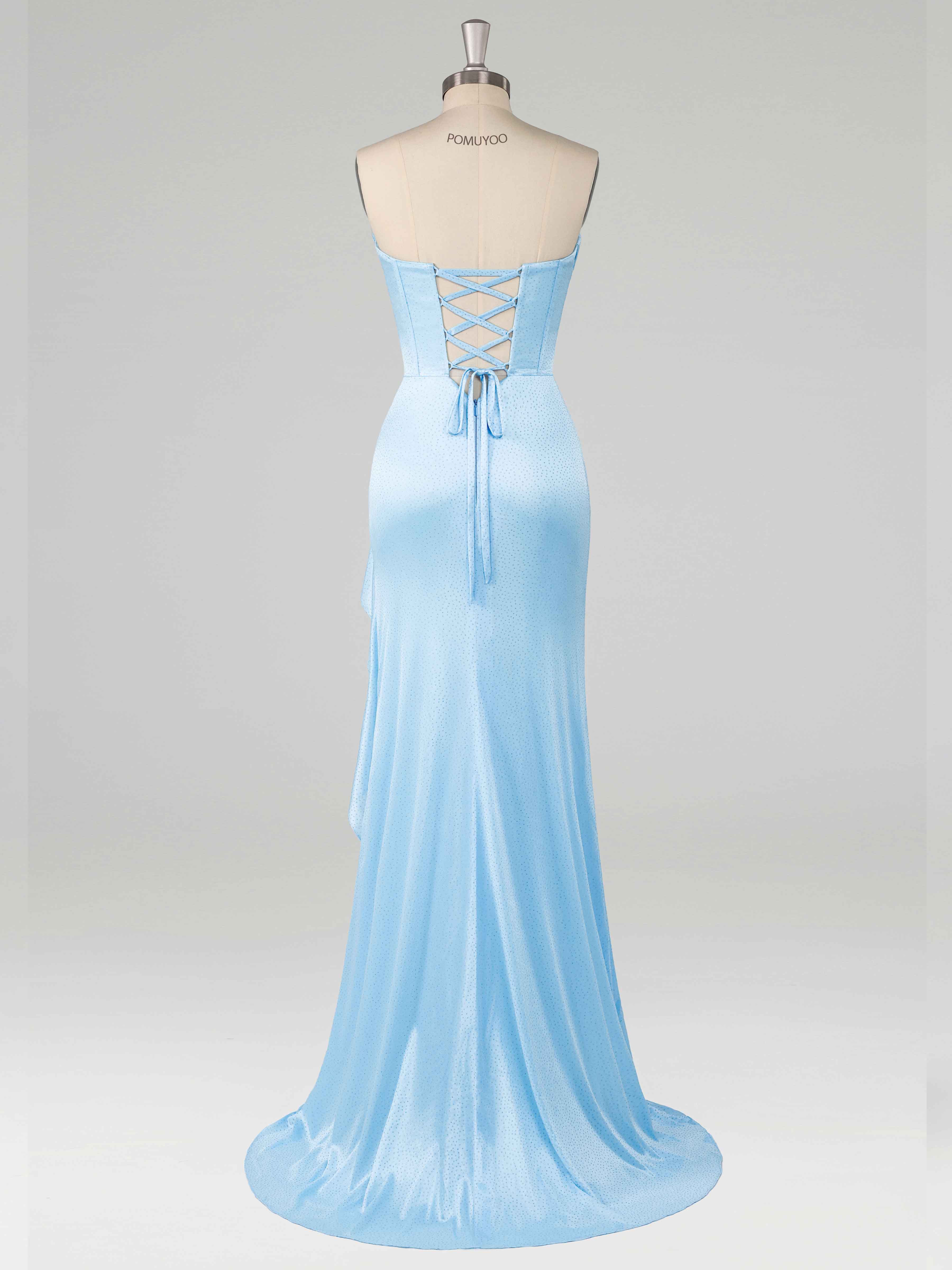 Robes De Bal En Satin À Bleu Paillettes Sirène Volants Fente À Jambe Traîne Balayage