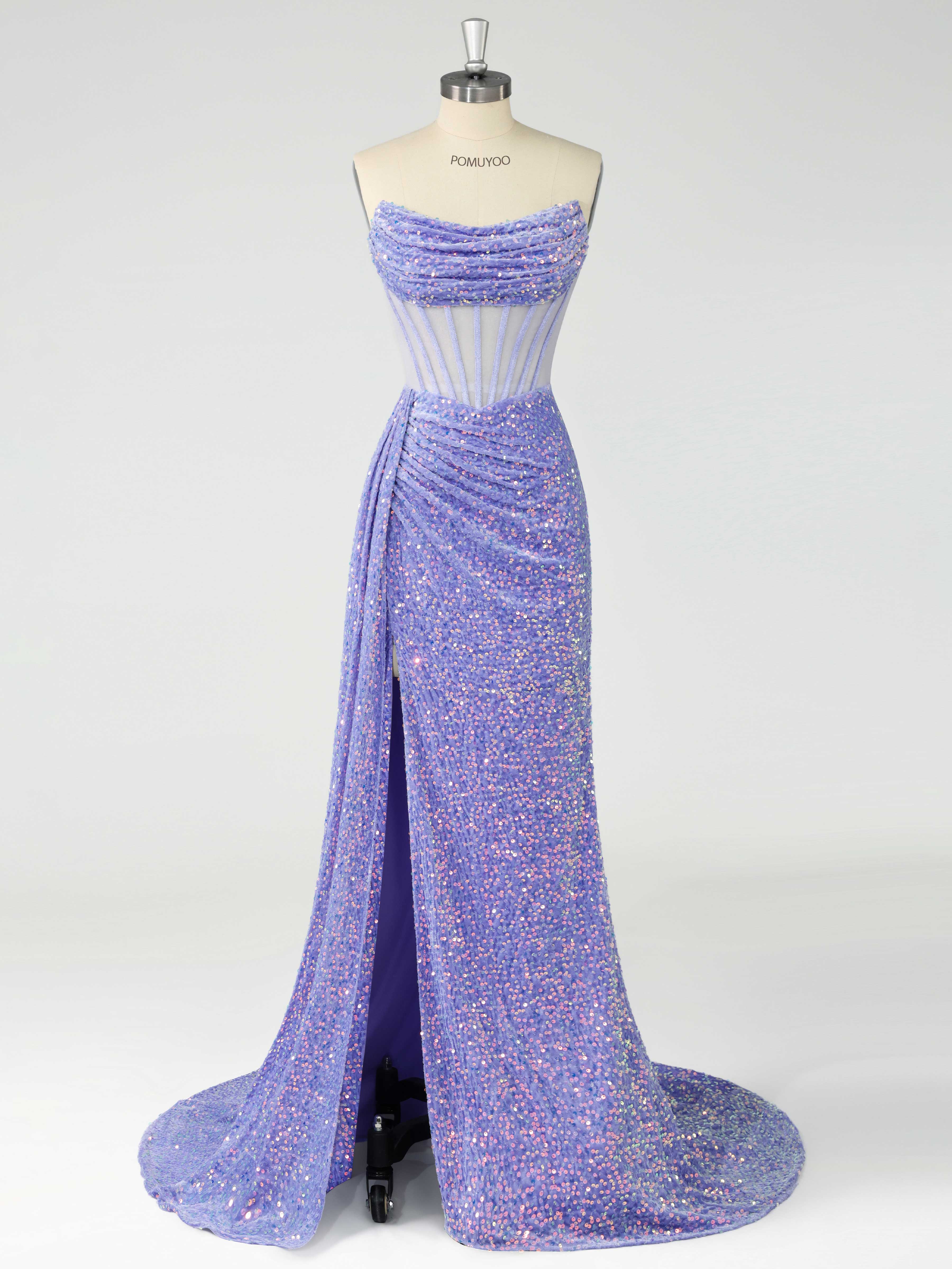 Robes De Bal En Velours Paillete À Élégante Sans Bretelles Corset Traine