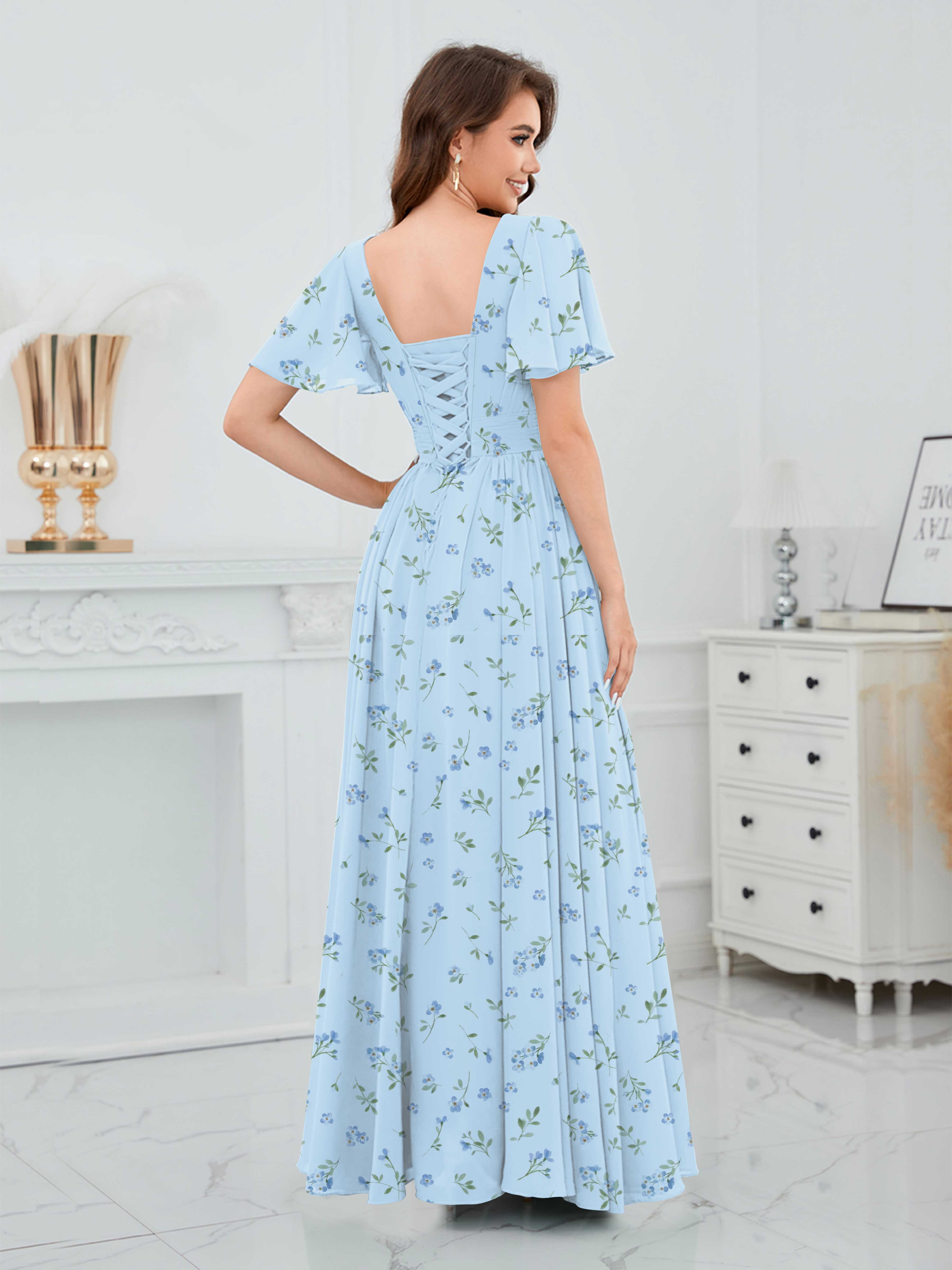 Robes De Demoiselle D'Honneur En Bleu Mousseline Imprimé Fleuri À Col V Oaklee