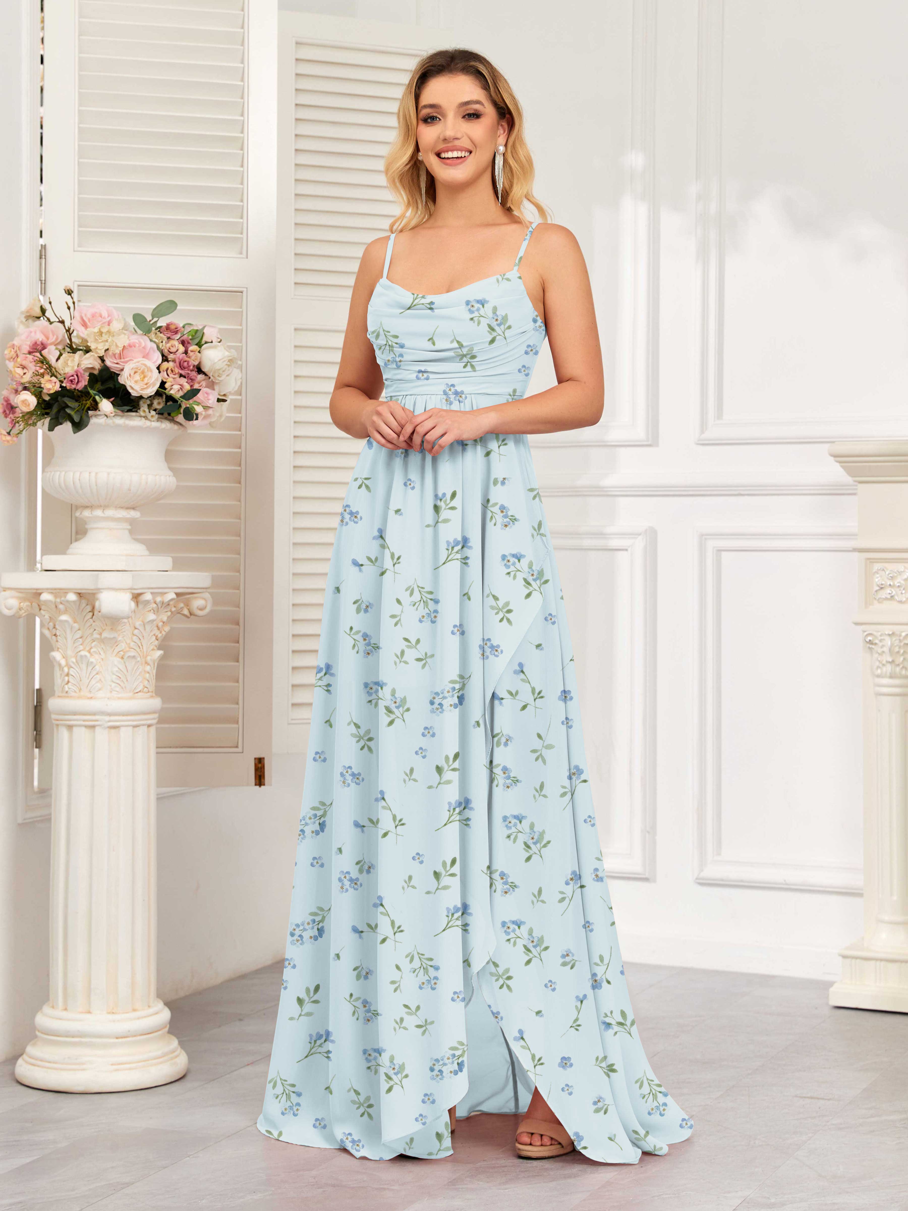 Robes De Demoiselle D'Honneur En Bleu Mousseline Imprimé Fleuri À Ruché Danna