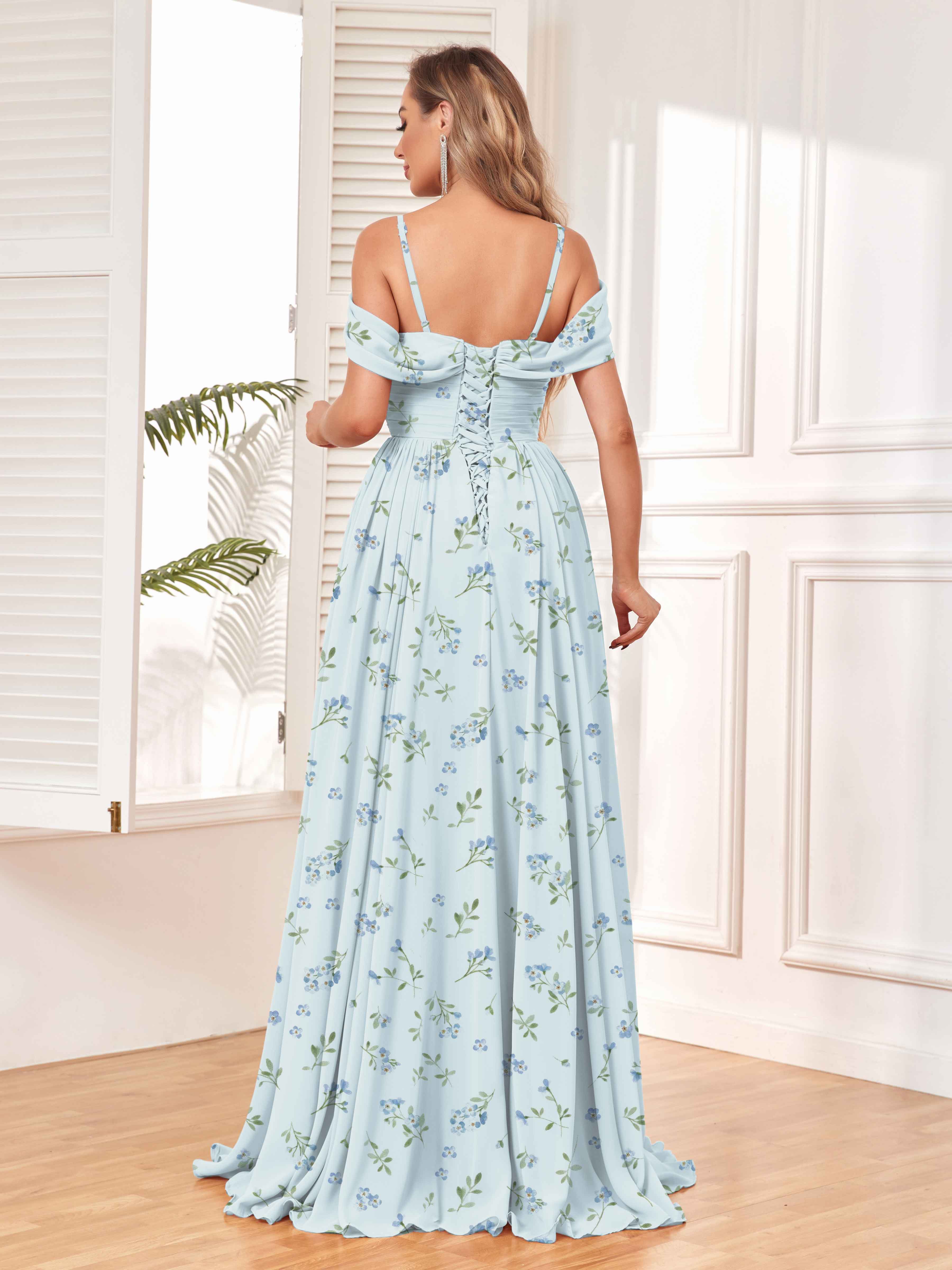 Robes De Demoiselle D'Honneur En Bleu Mousseline Imprimé Fleuri À Ruché Sarah