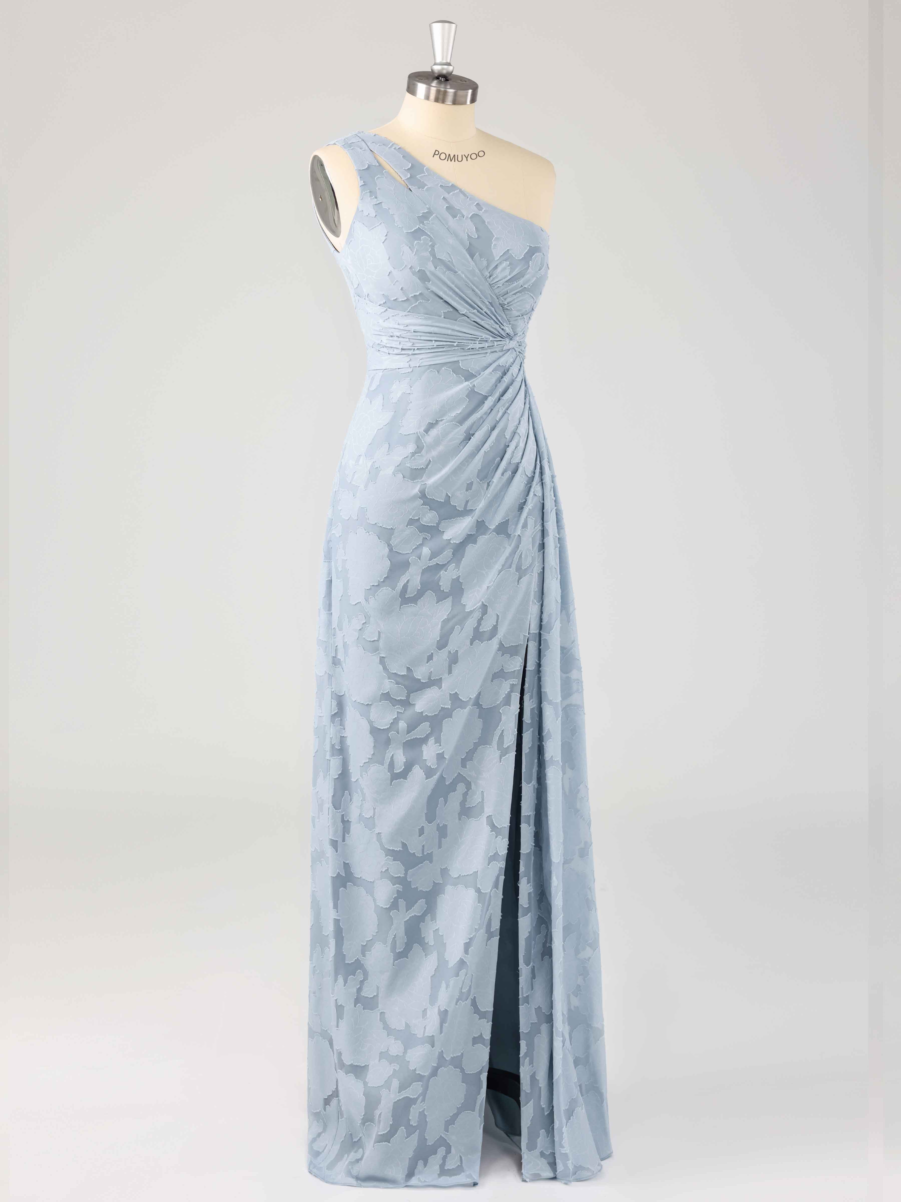 Robes De Demoiselle D'Honneur En Jacquard Mousseline À Ruché Fente À Jambe