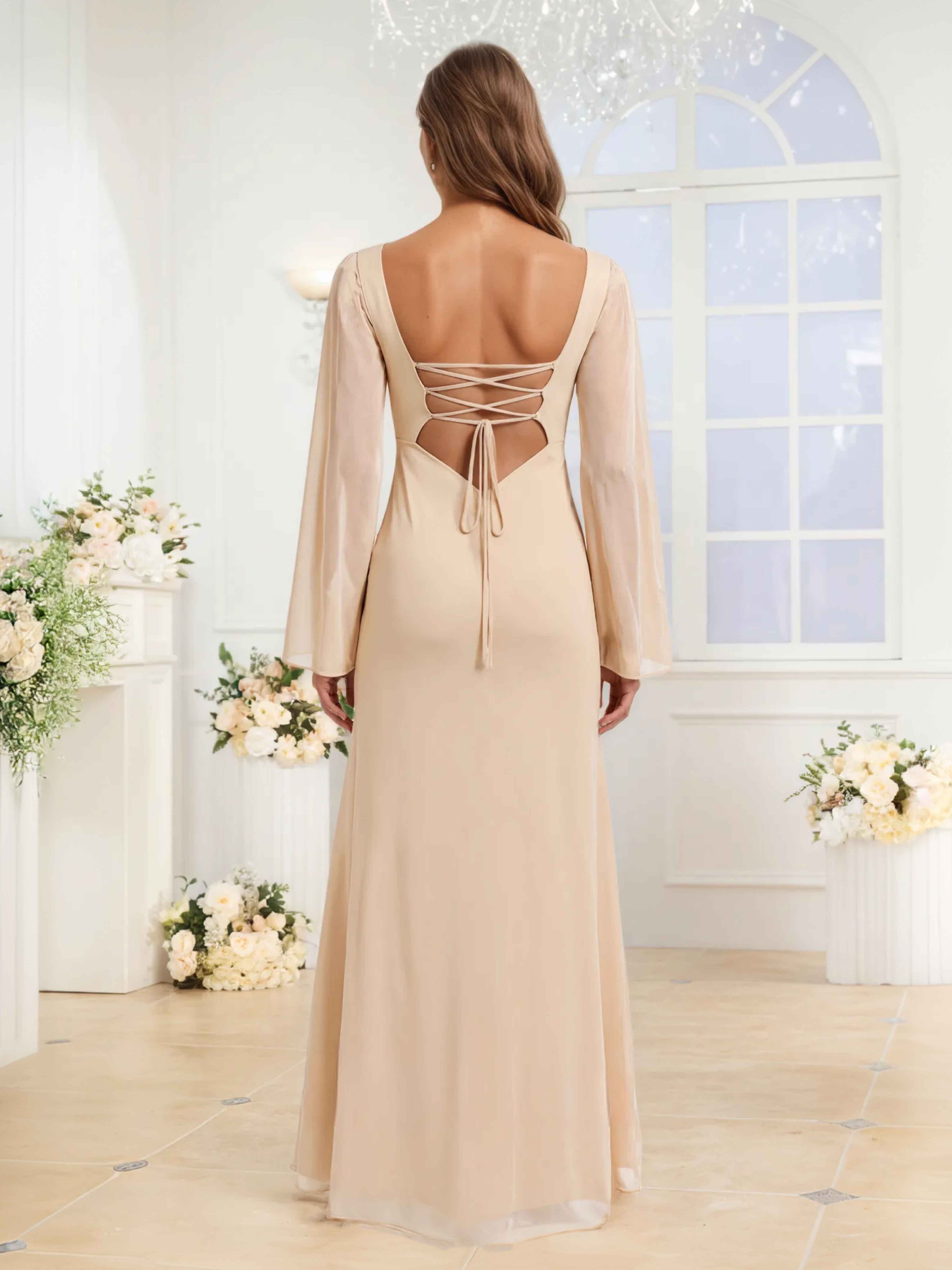 Robes De Demoiselle D'Honneur En Mousseline À Col Carré Manches Longues Ianthe
