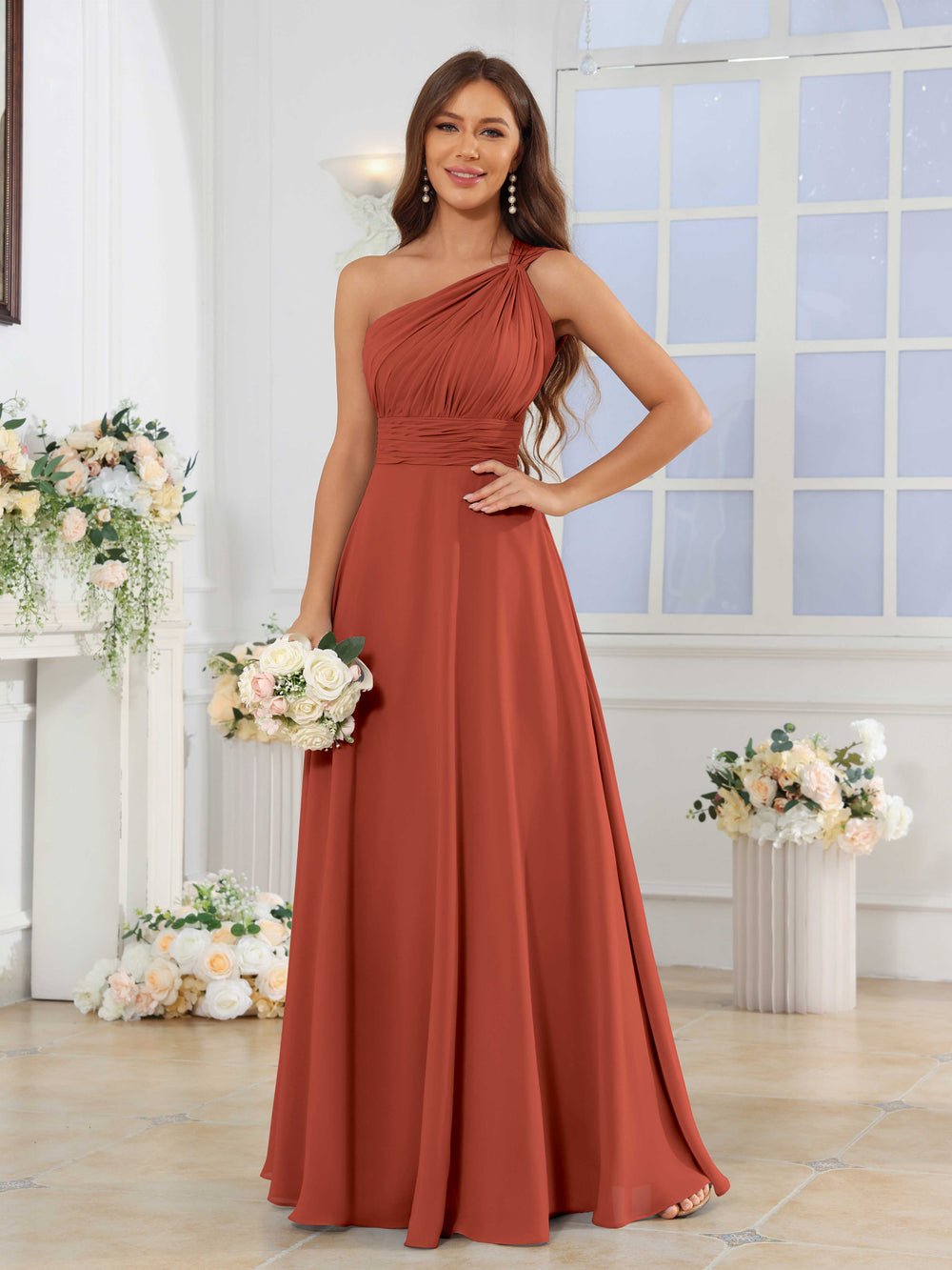 Robes De Demoiselle D'Honneur En Mousseline À Intemporel Une Épaule Ruché Longue Naeris