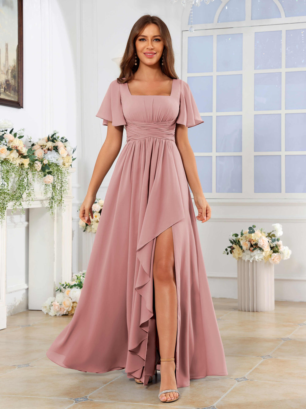 Robes De Demoiselle D'Honneur En Mousseline À Modeste Carré Ruché Fente À Jambe Longue Raelune