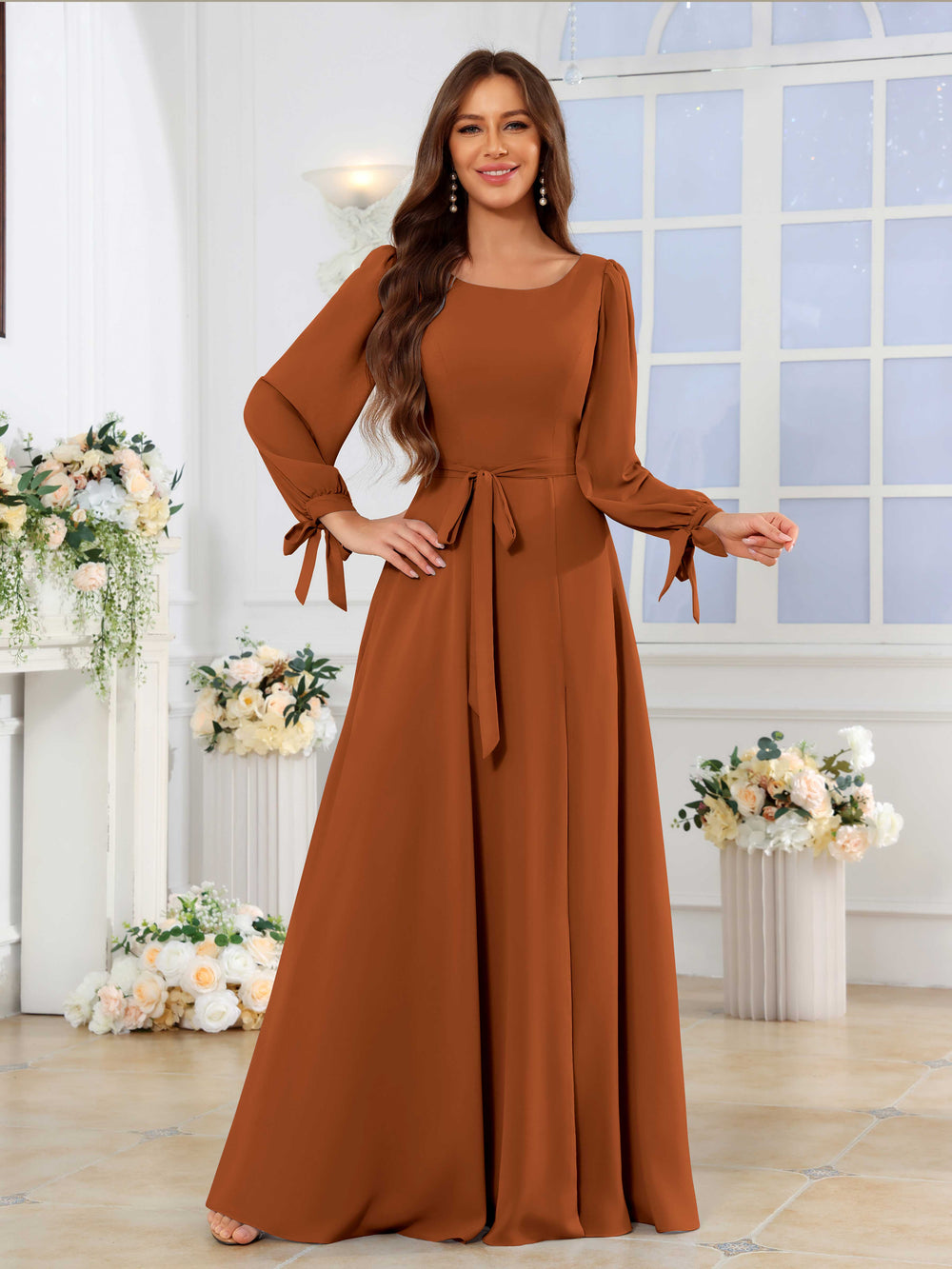 Robes De Demoiselle D'Honneur En Mousseline À Modeste Col Rond Manches Longues Graelvanna