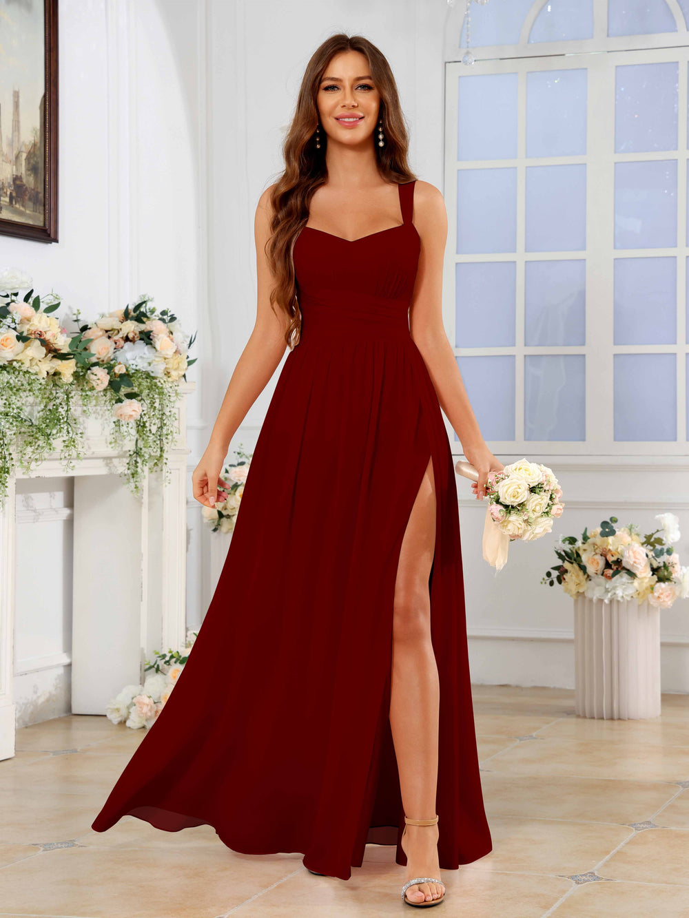 Robes De Demoiselle D'Honneur En Mousseline À Tendance Plissé Fente À Jambe Longueur Au Sol Mraelis