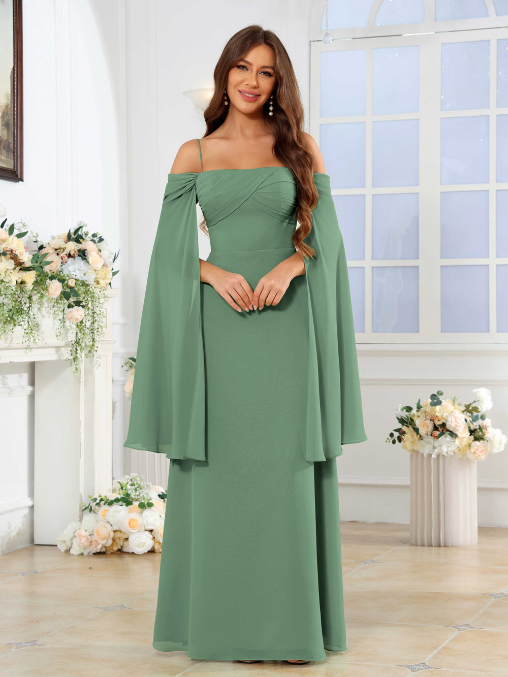 Robes De Demoiselle D'Honneur En Mousseline À Unique A-Ligne Bretelles Spaghetti Plissé Longue Faerwyn