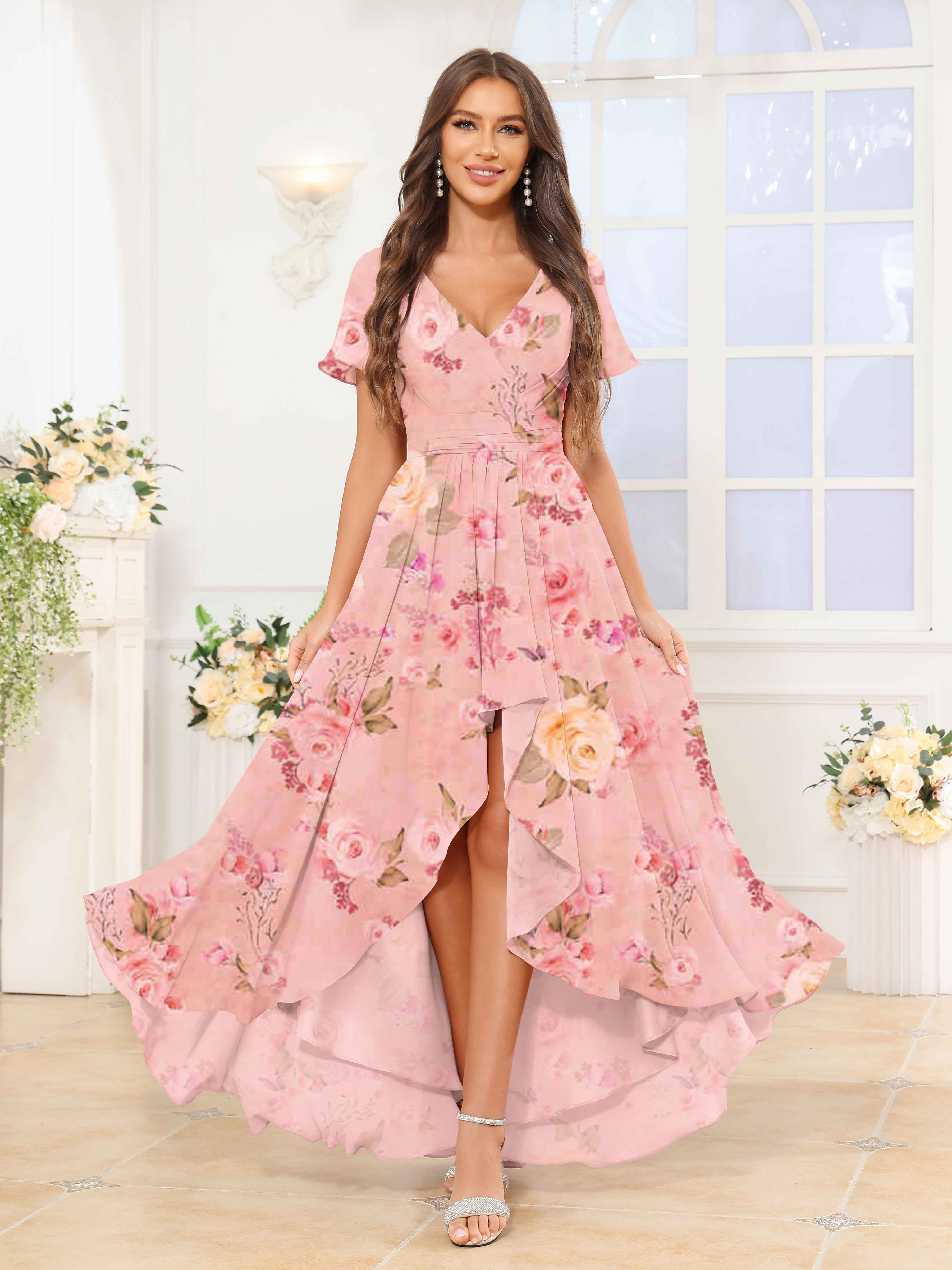 Robes De Demoiselle D'Honneur En Mousseline Imprimé Fleuri À Asymétrique Keilani