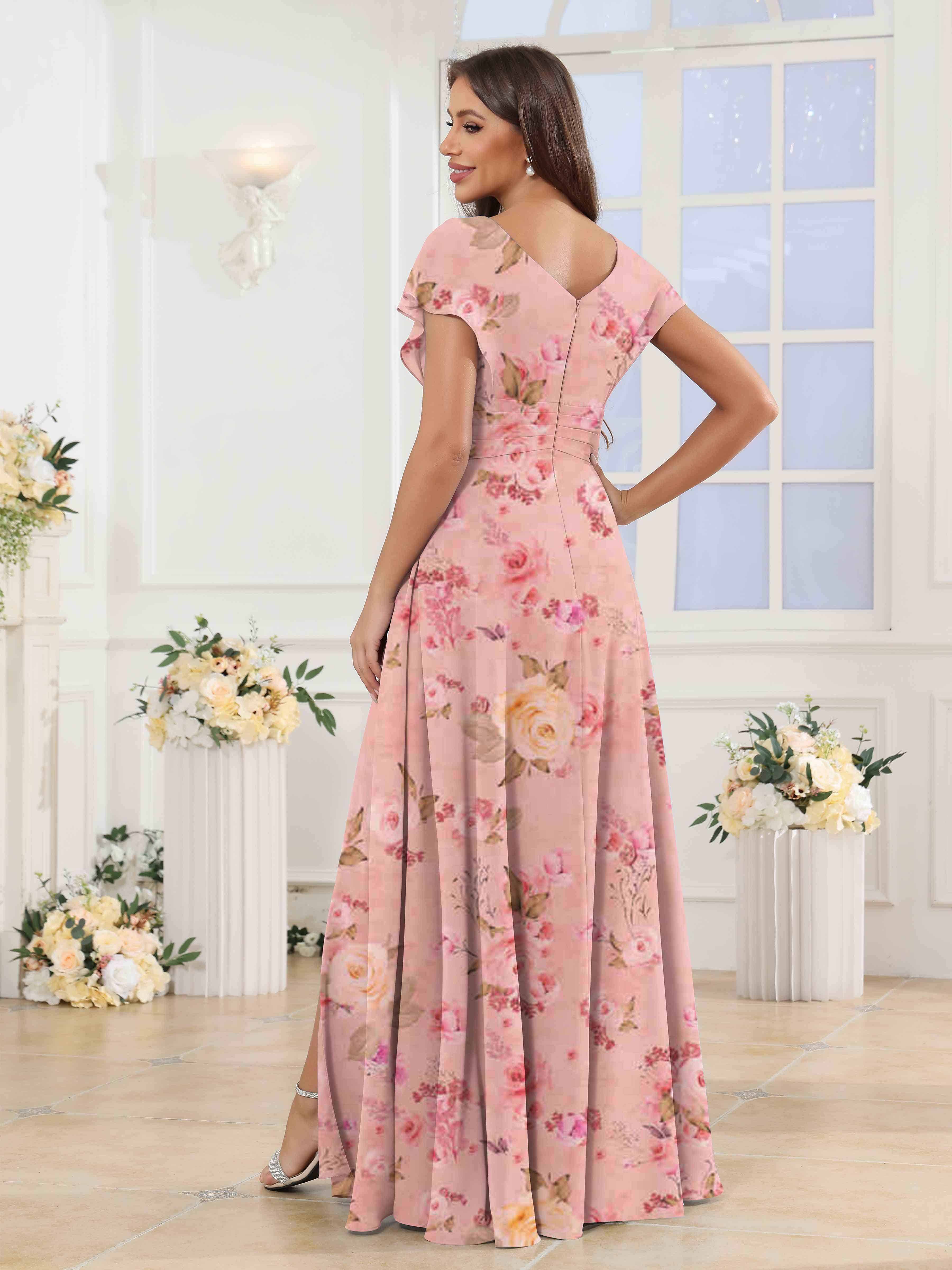 Robes De Demoiselle D'Honneur En Mousseline Imprimé Fleuri À Col V Halo