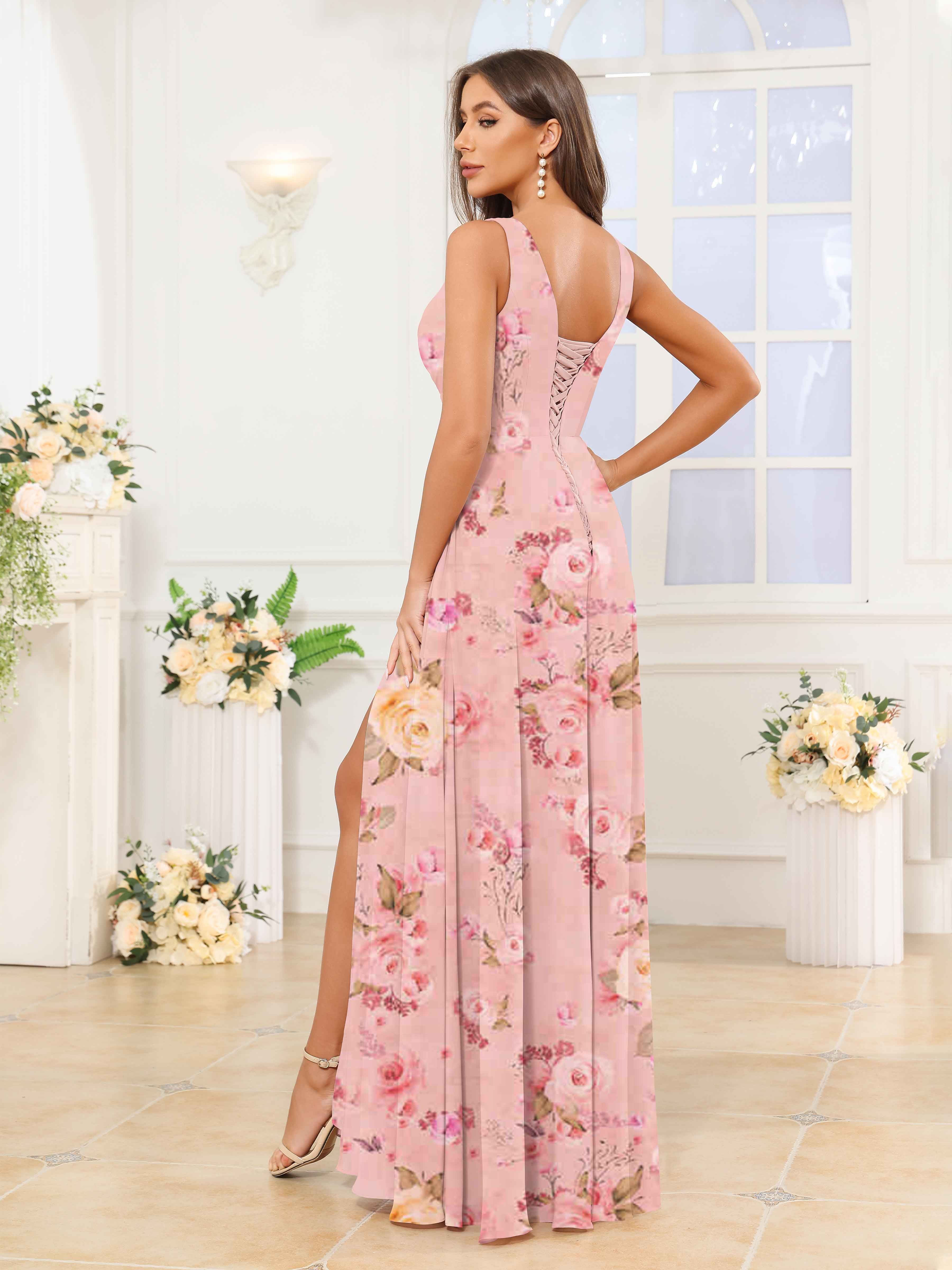 Robes De Demoiselle D'Honneur En Mousseline Imprimé Fleuri À Fente À Jambe Jamie