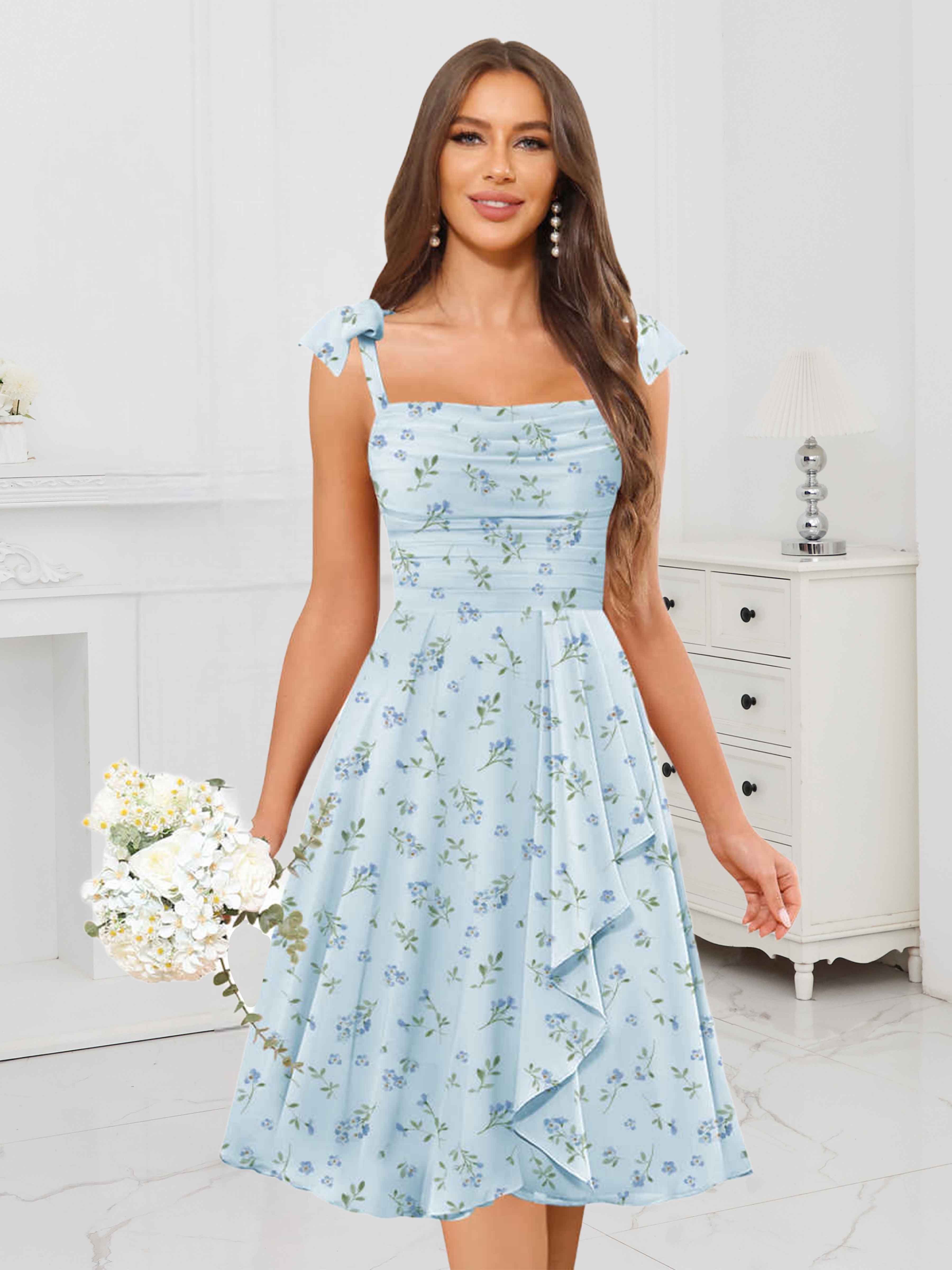 Robes De Demoiselle D'Honneur En Mousseline Imprimé Fleuri À Plissé Volants Kai