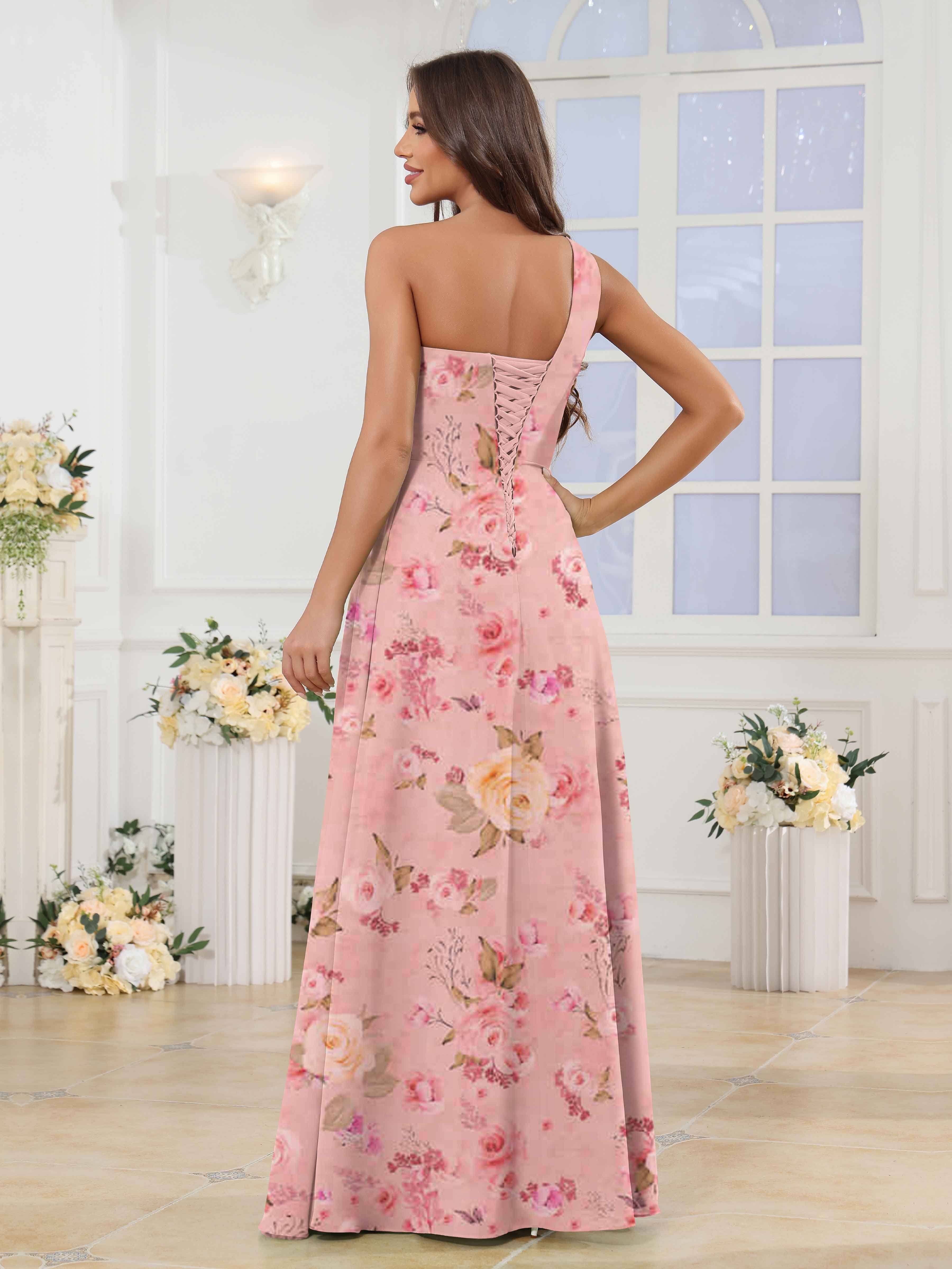 Robes De Demoiselle D'Honneur En Mousseline Imprimé Fleuri À Une Épaule Halle