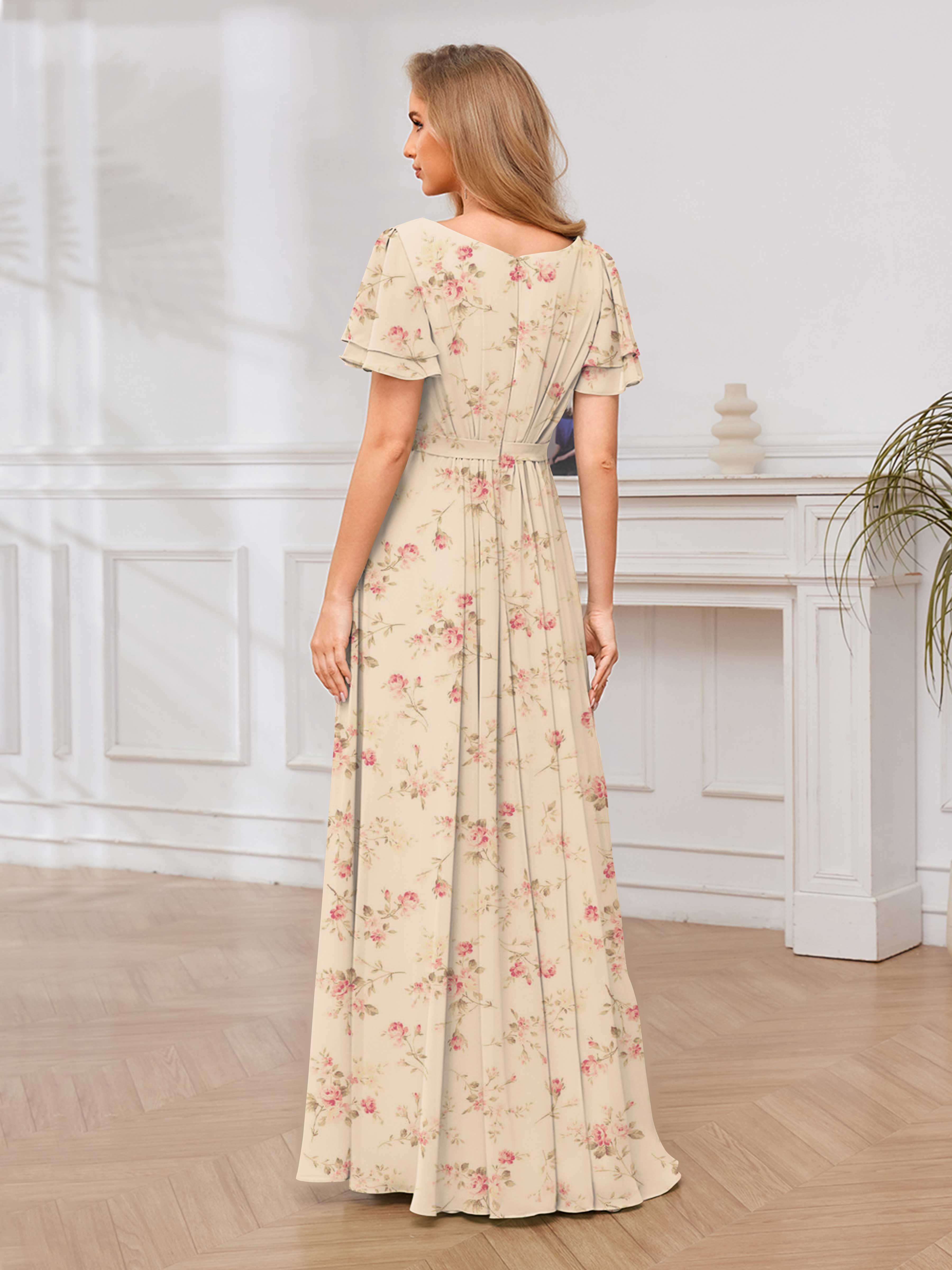 Robes De Demoiselle D'Honneur En Mousseline Imprimé Roses À Col Rond Briana