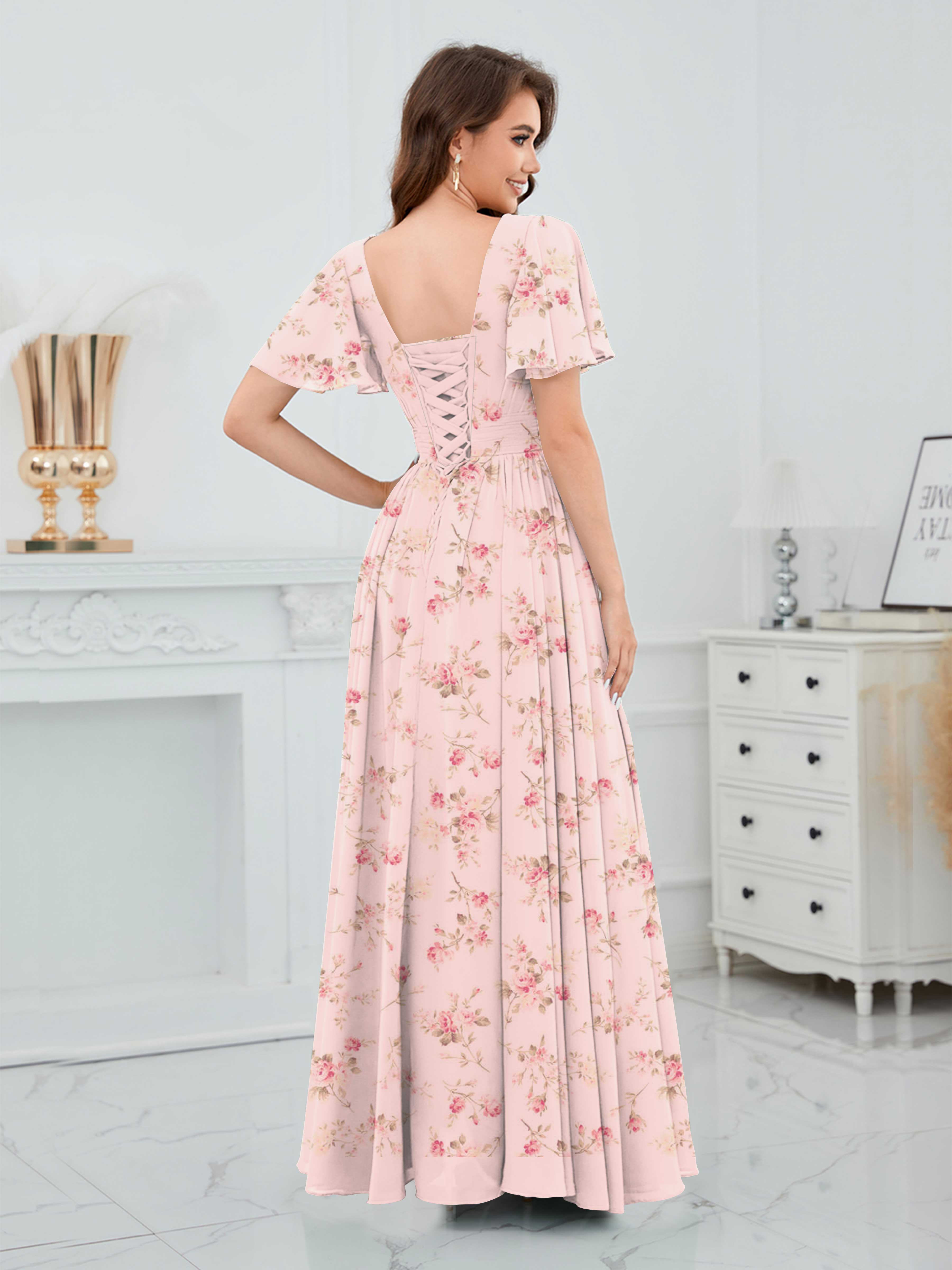 Robes De Demoiselle D'Honneur En Mousseline Imprimé Roses À Col V Oaklee