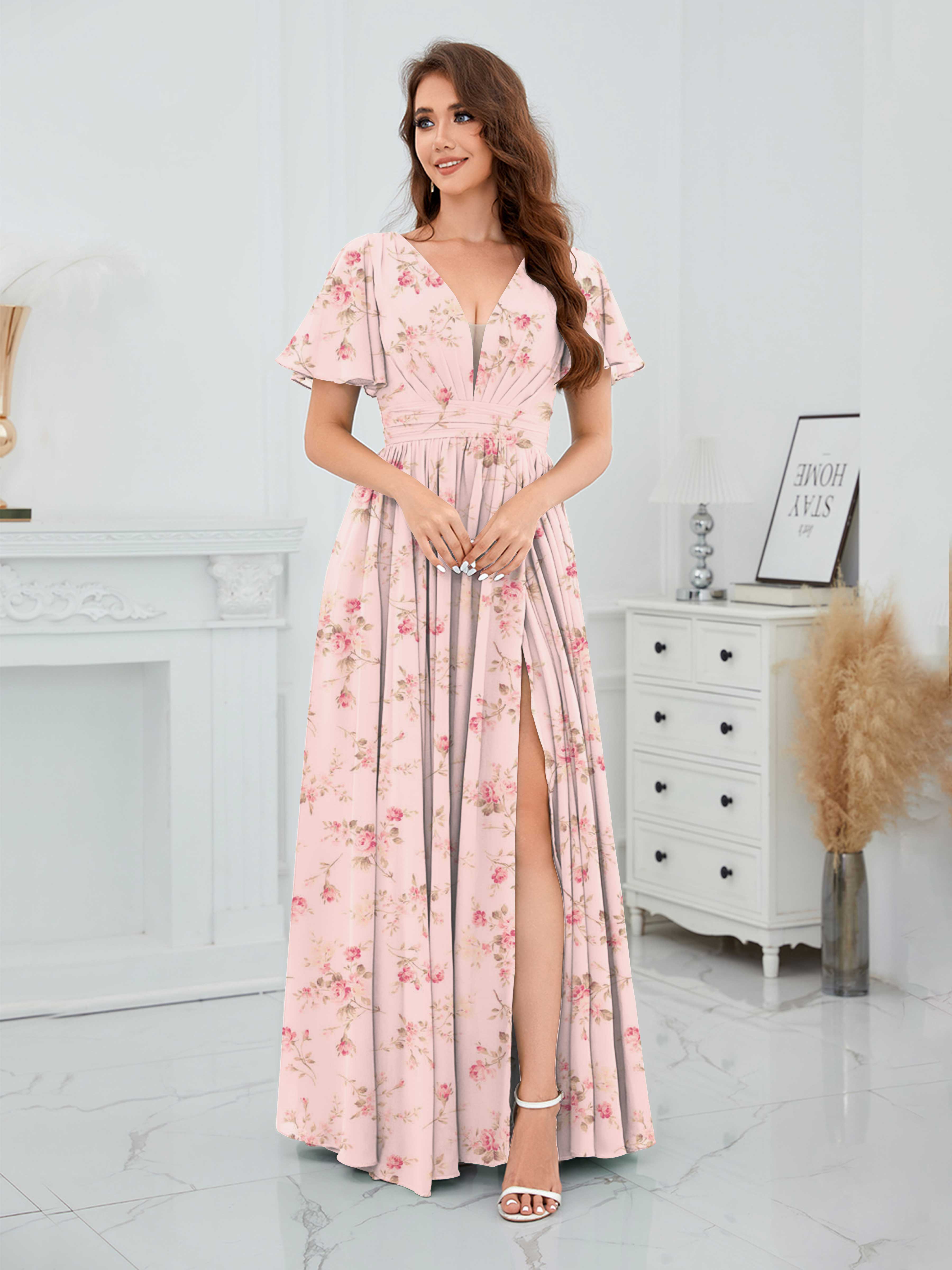 Robes De Demoiselle D'Honneur En Mousseline Imprimé Roses À Col V Oaklee