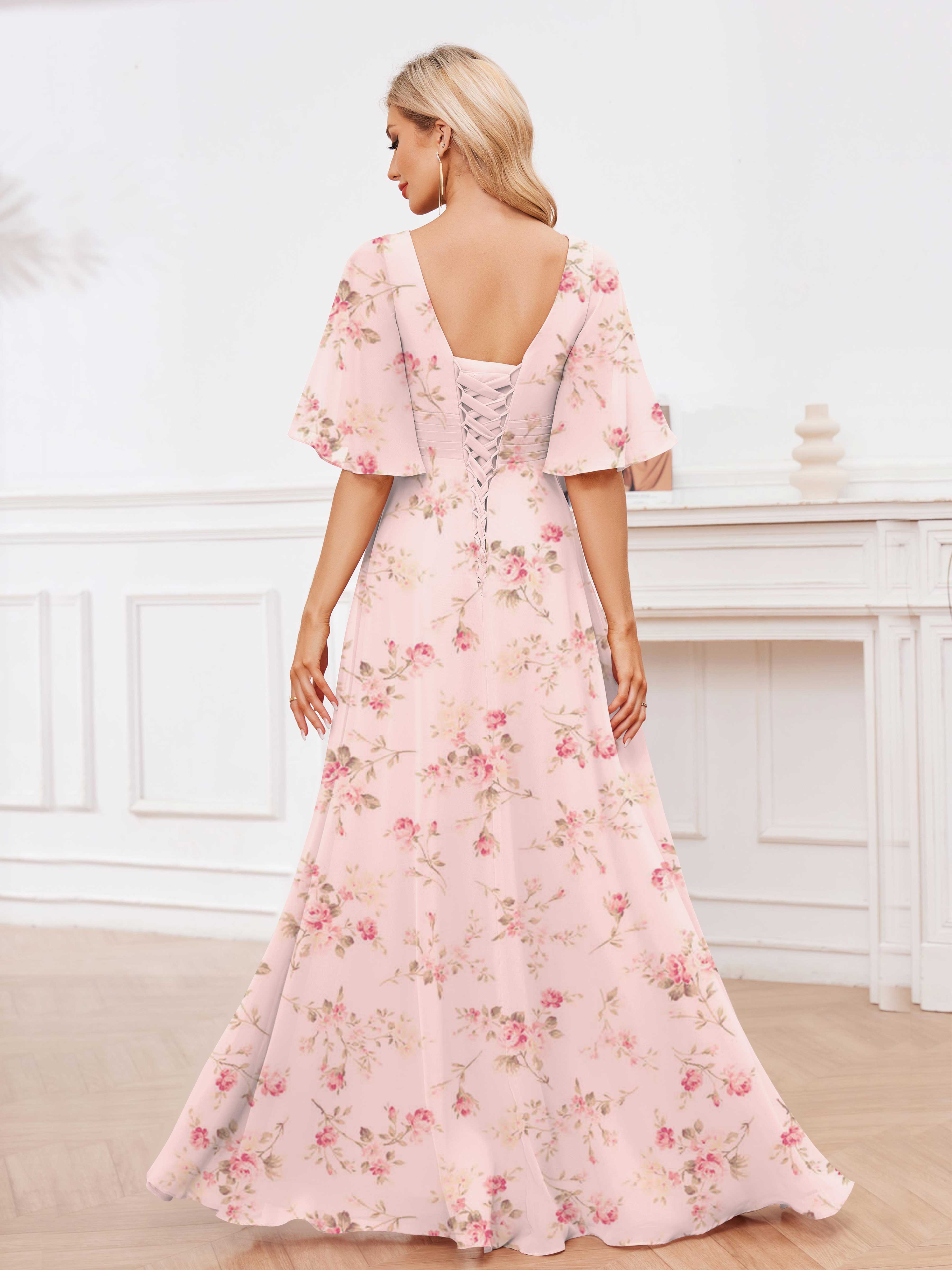 Robes De Demoiselle D'Honneur En Mousseline Imprimé Roses À Plissé Marie