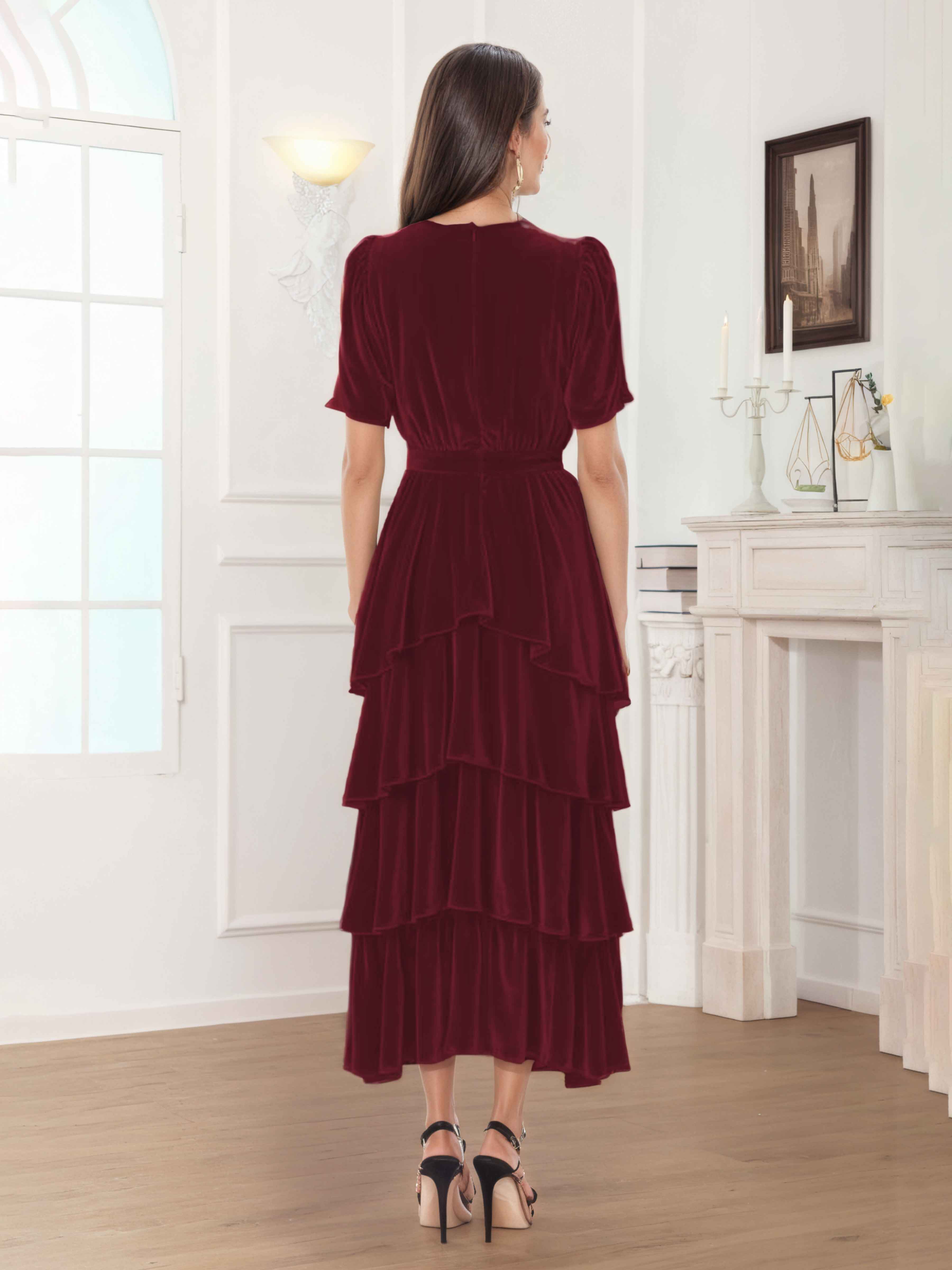 Robes De Demoiselle D'Honneur En Velours À Sans âge A-ligne Col V Manches Courtes Caelia