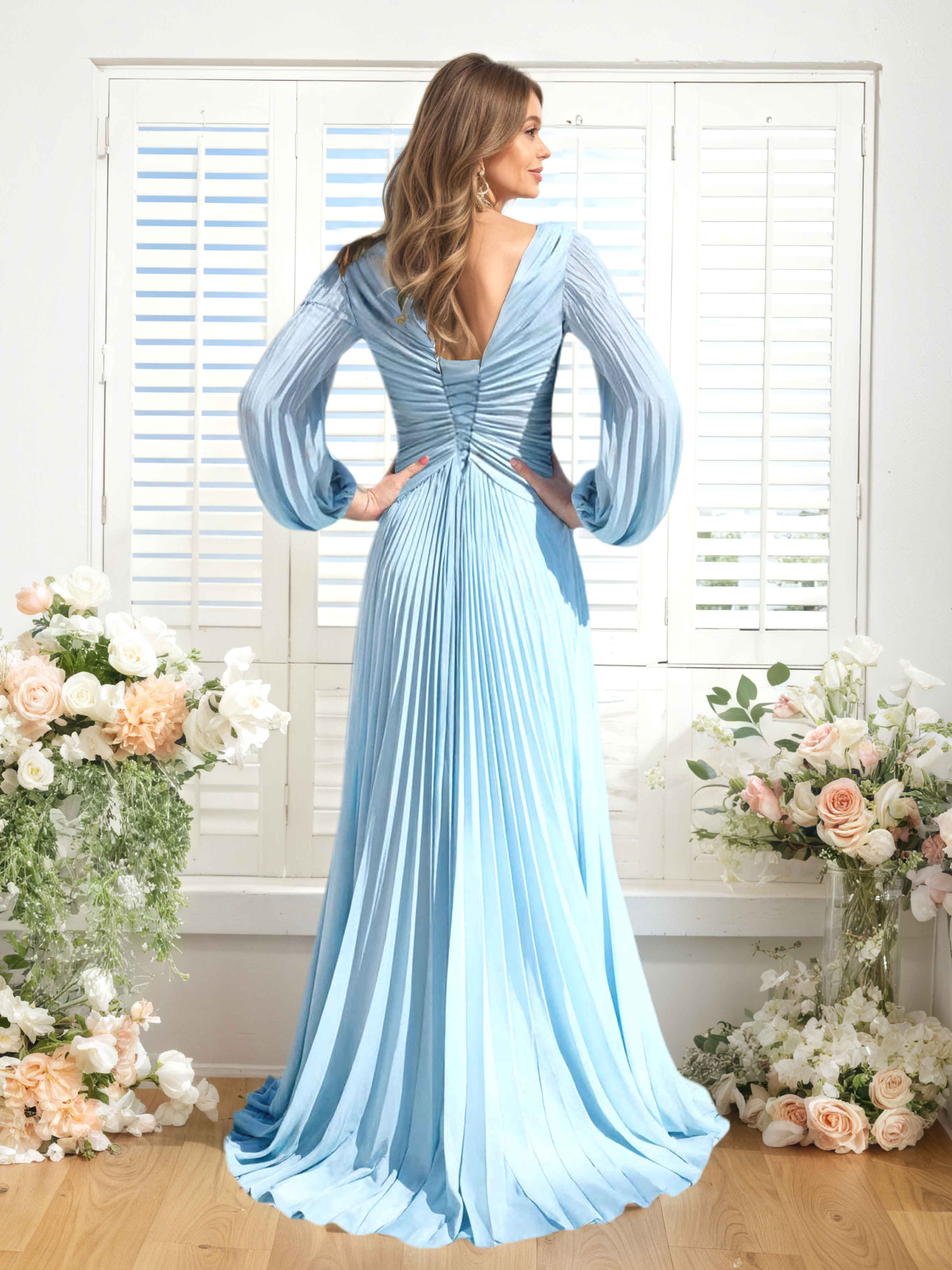 Robes De Demoiselle D'Honneur En Mousseline À Col V Ruché Longue Nerys