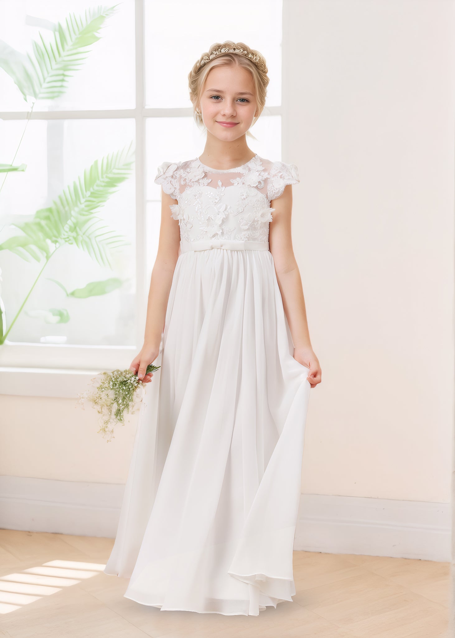 Robes De Fille En Mousseline À Col Rond Appliqués Manches Évasées