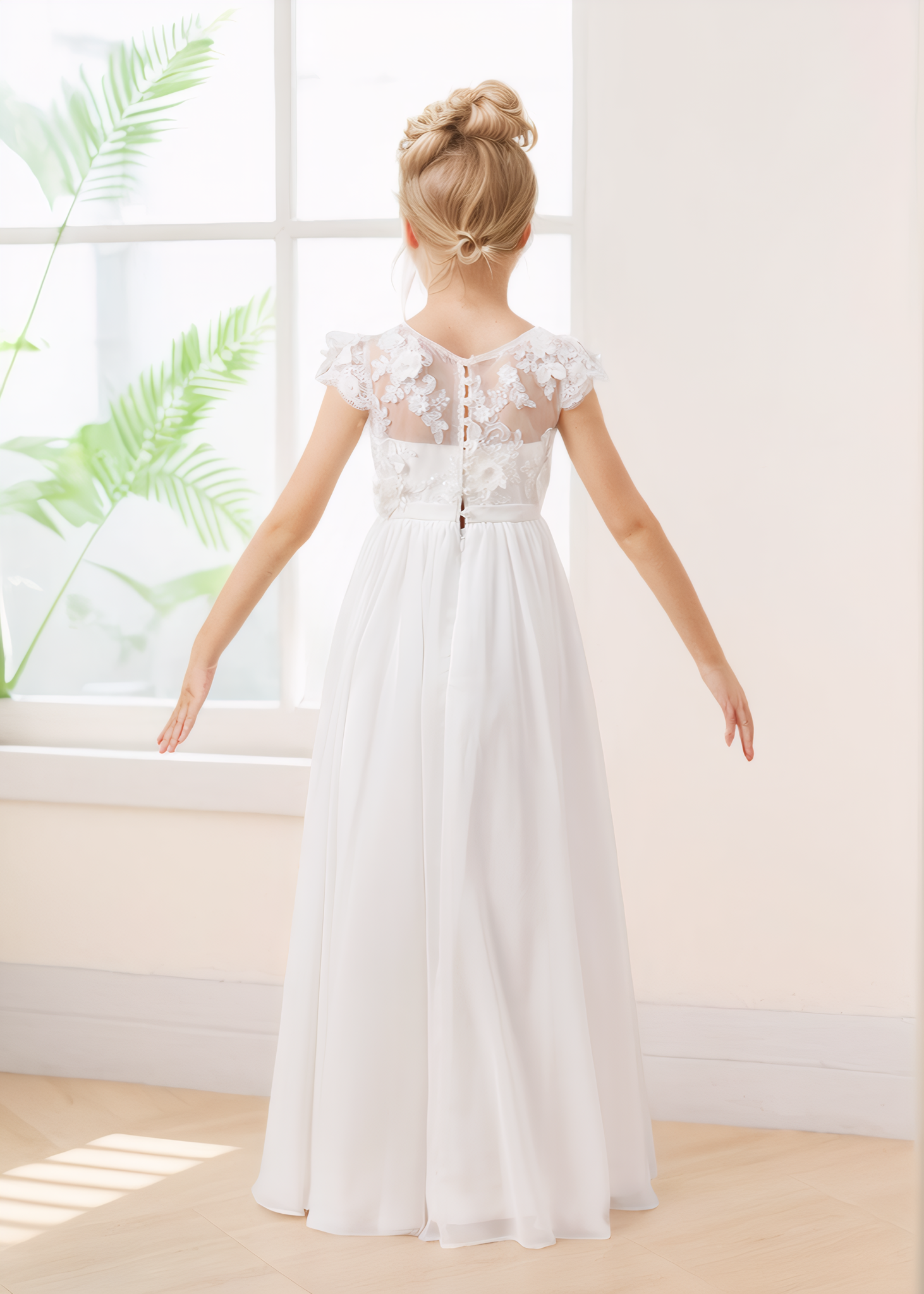 Robes De Fille En Mousseline À Col Rond Appliqués Manches Évasées