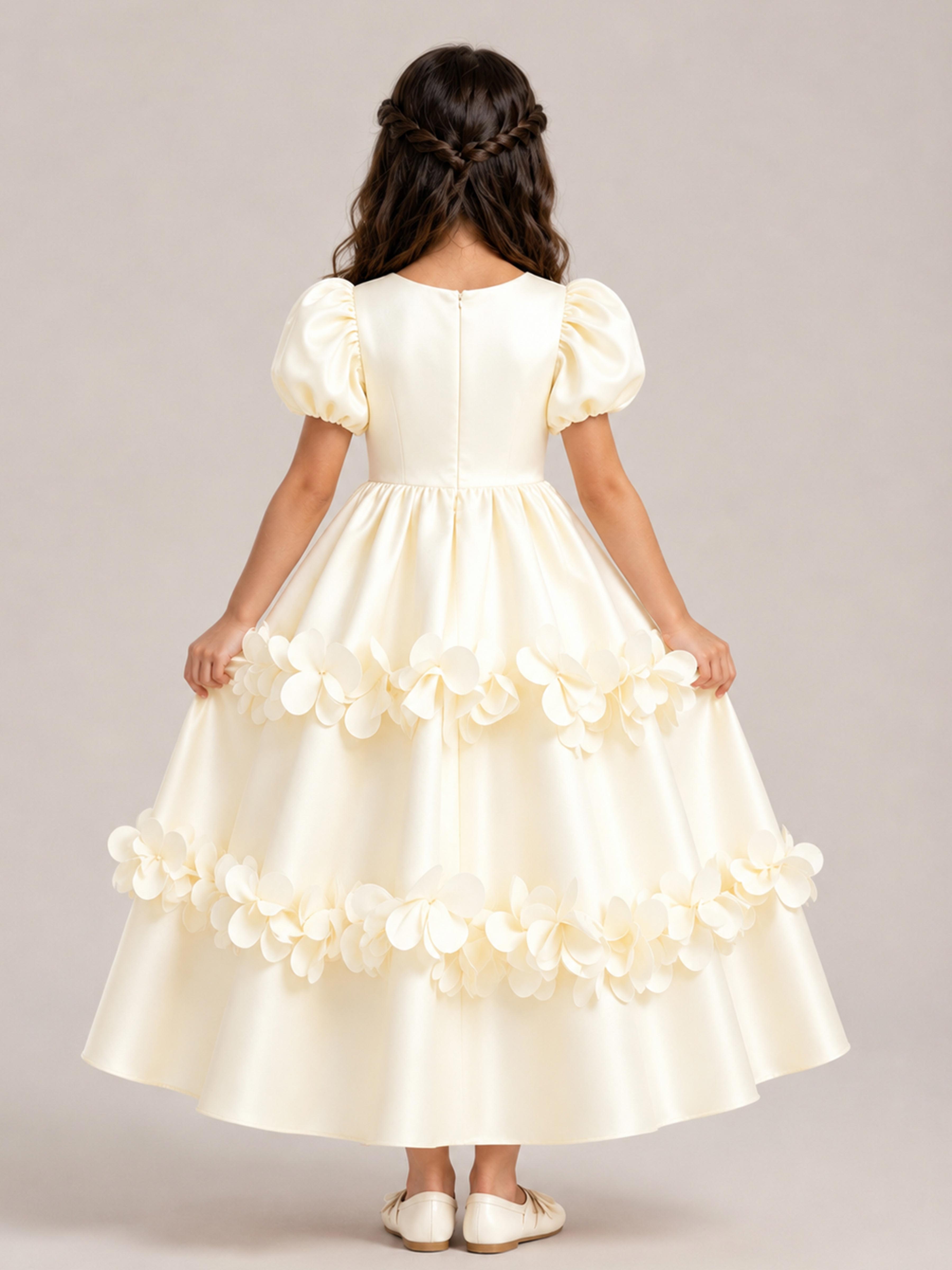 Robes De Fille En Satin À Beau A-ligne Manche Bouffante Floral