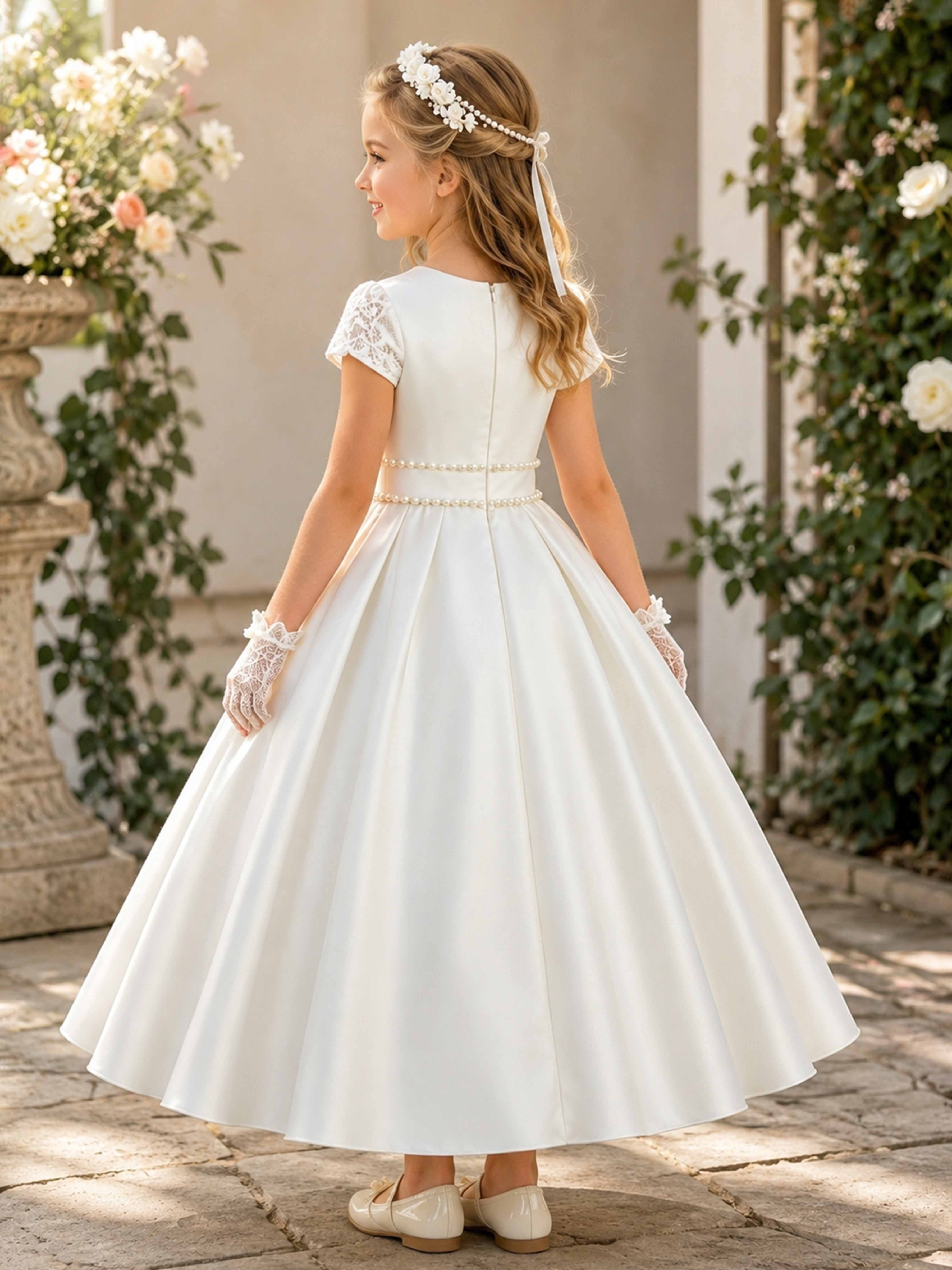 Robes De Fille En Satin À Charmante A-ligne Taille Ornée De Perles