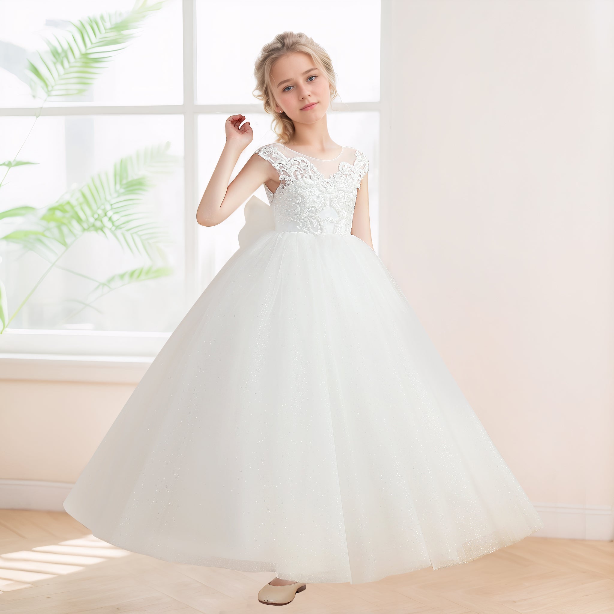 Robes De Fille En Tulle À Appliqués Dos À Nœud Longue