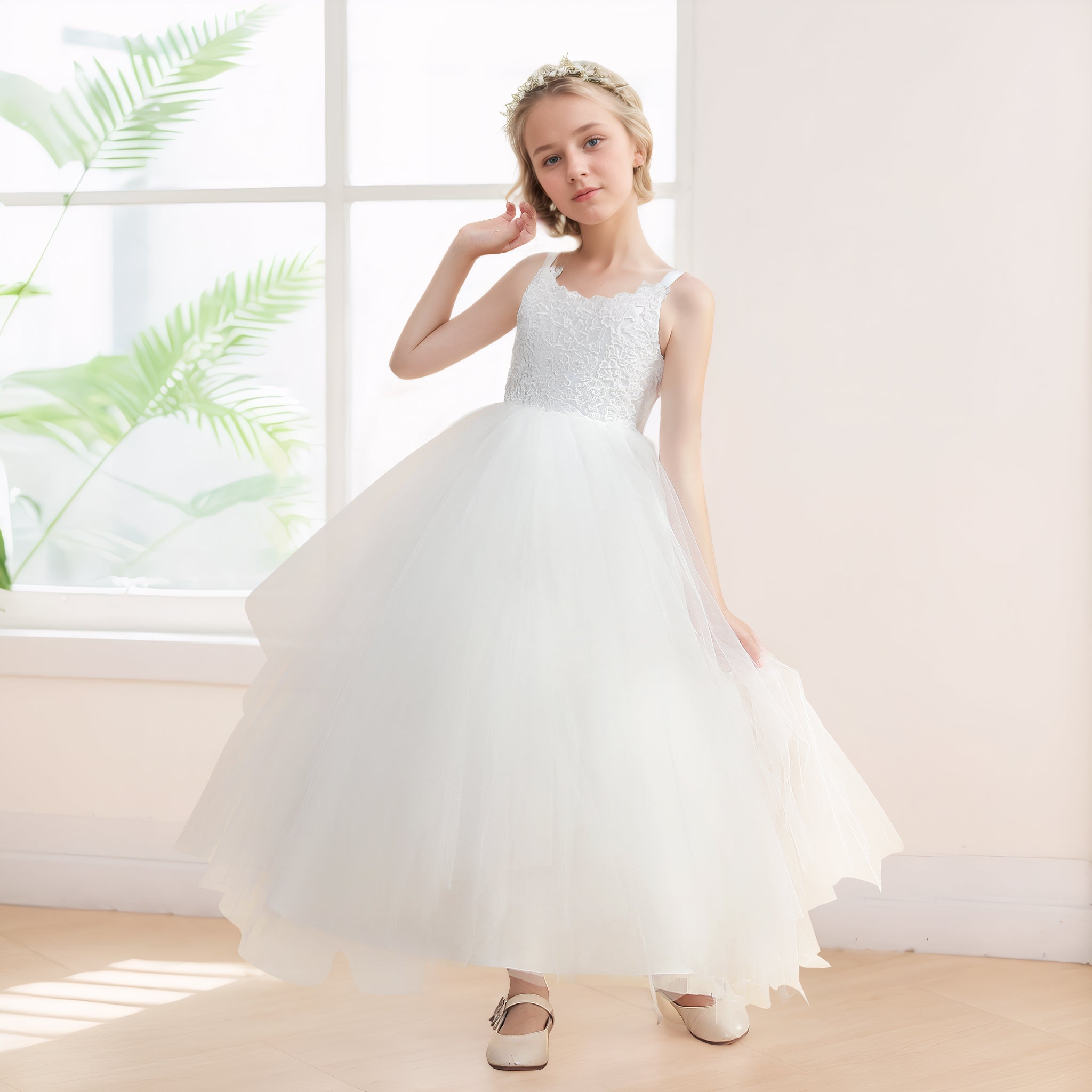 Robes De Fille En Tulle À Appliqués Sans Manches Longue