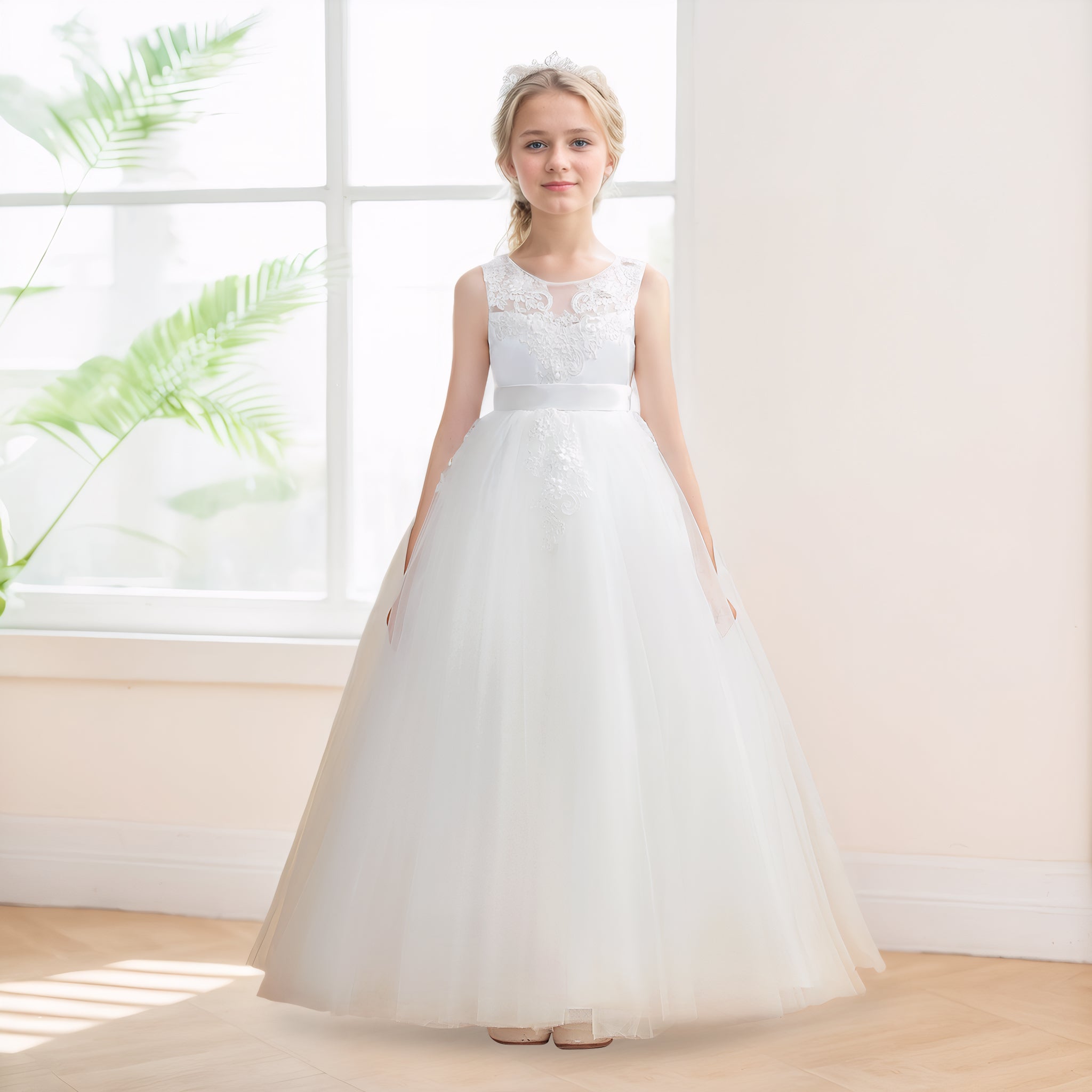 Robes De Fille En Tulle À Col Rond Appliqués Dos À Nœud
