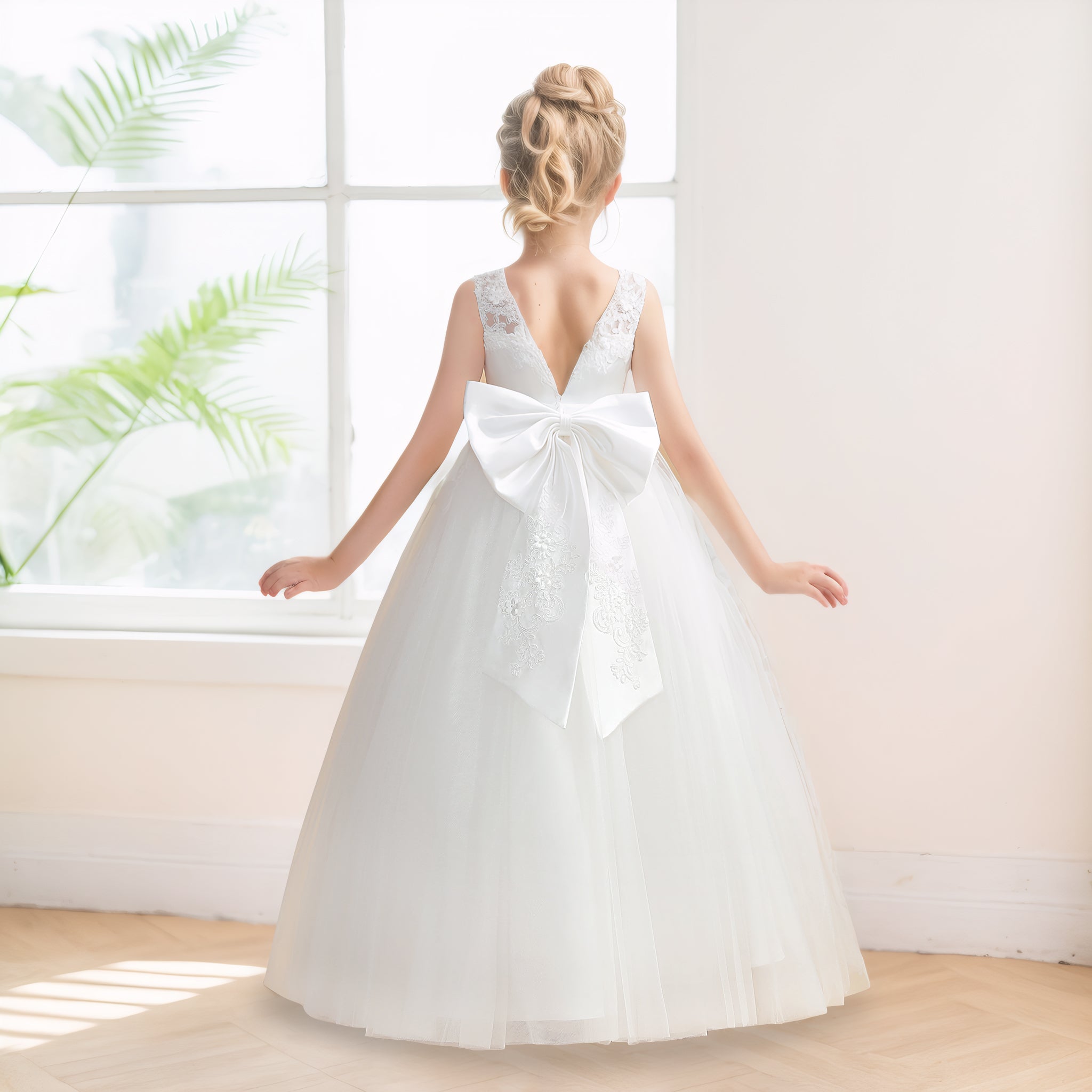 Robes De Fille En Tulle À Col Rond Appliqués Dos À Nœud